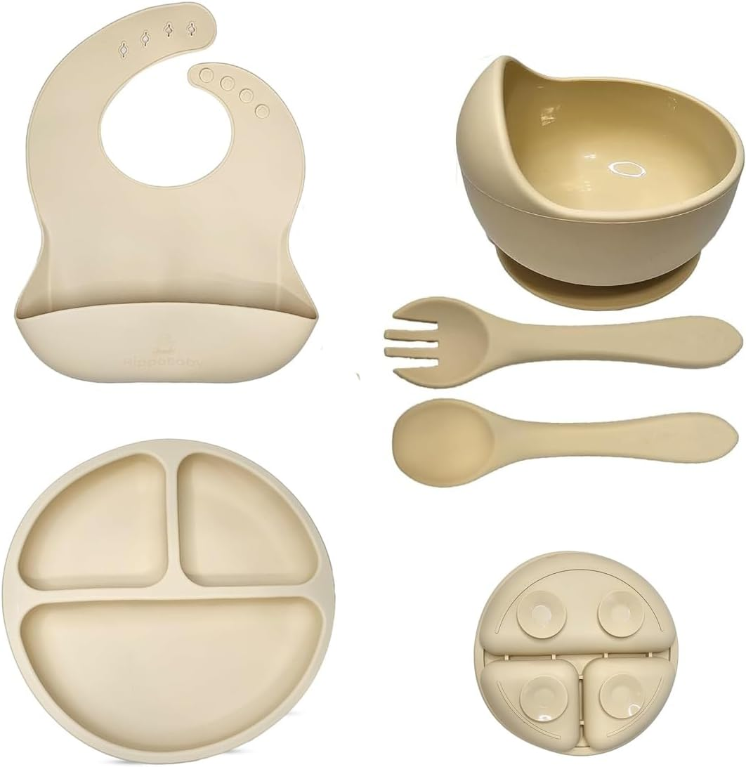 Silicone Baby Feeding Set -Practical 5 Pcs,Baby Led Weaning Supplies,Toddler Eating Spoons Suction Bowl Divided Plate Bib,First Stage Solid Food Eating Utensils - 6+ Months (Off-White) image number 1