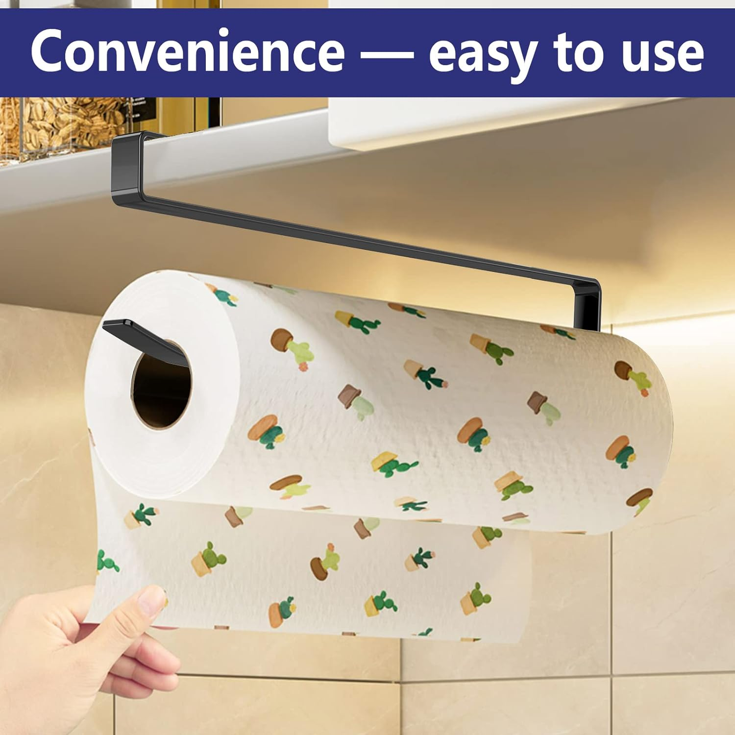 Paper Roll Holder, KIKISML 2 Pack Paper Towel Holder Cabinet Hanging Kitchen Roll Hanger Dispenser Storage Rack Towel Necktie Bedroom Toilet Organization Storage [No Drilling No Tool Required], Black image number 4