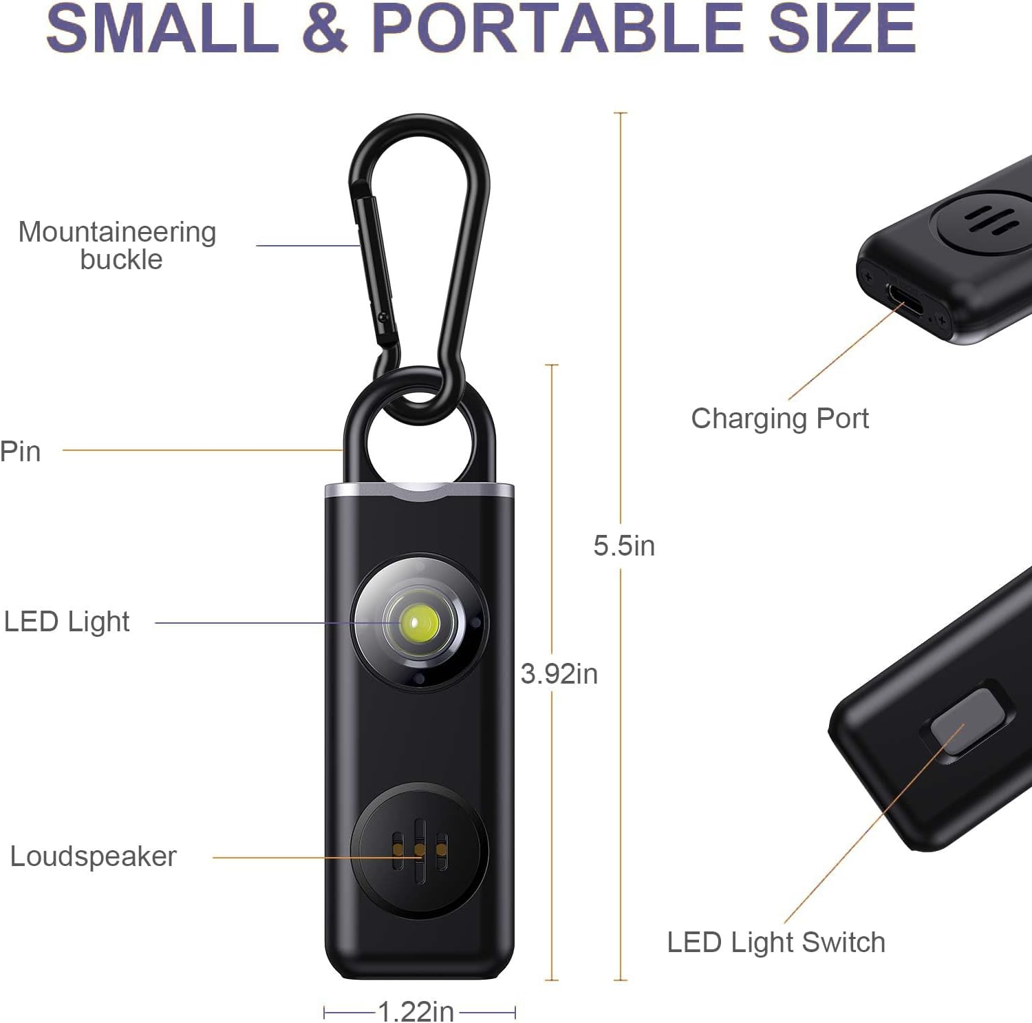 OQIMAX Upgrade Personal Alarm for Women, 130Db Loud Rechargeable Personal Safety Alarm Keychain with Strobe LED Light, Emergency SOS Pocket Alarm for Students, Kids, Walker, Elderly,(Black) - Blackwhite image number 2