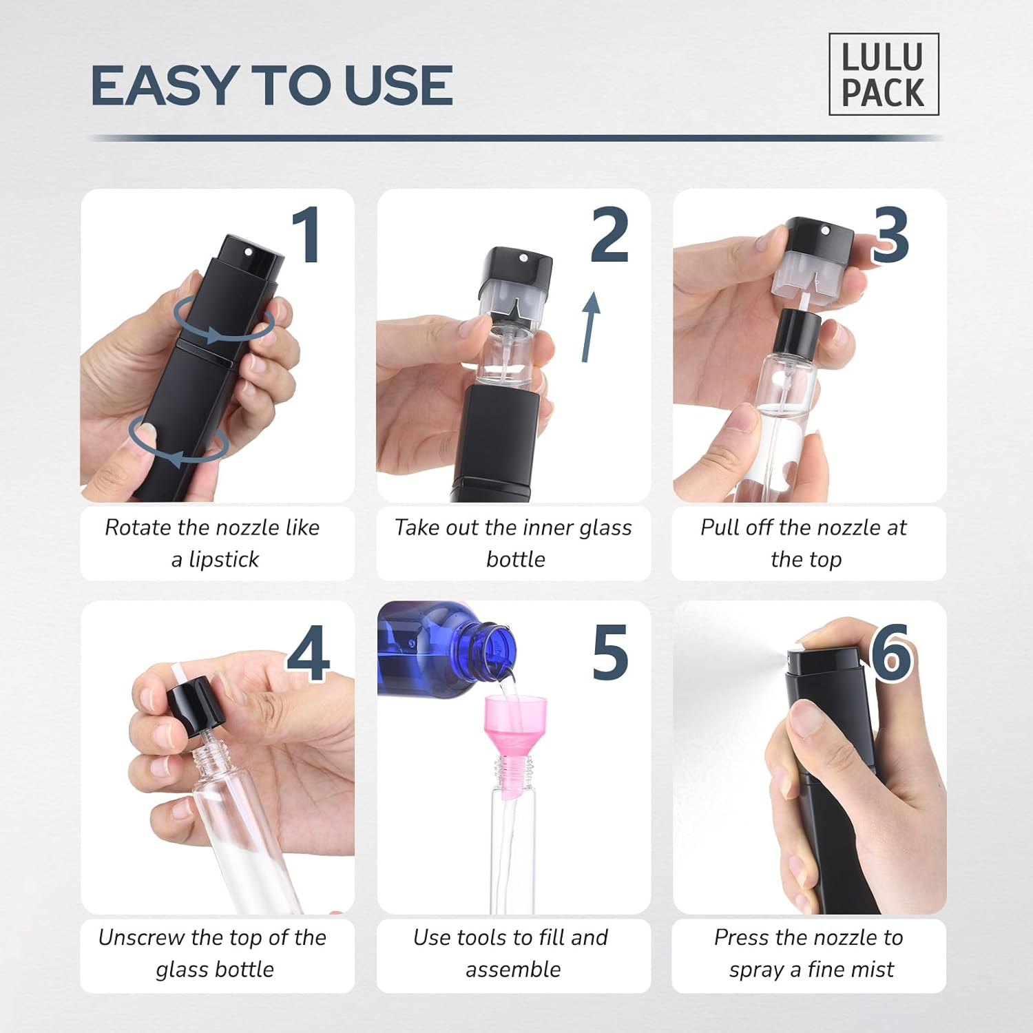 Lulupack Square Perfume Atomizer, Travel Cologne Spray Bottle, Mini Spray Bottle, Empty Mini Spray Dispenser (Silver, 1 Piece) - Black image number 4