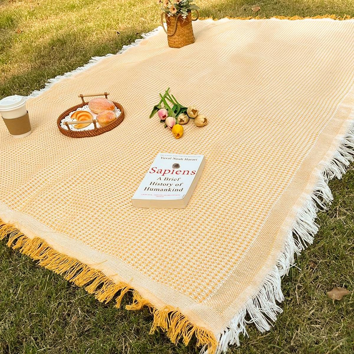 Outdoor Picnic Blankets Foldablet, Tent Camping Blanket,Picnic Mat,Picnic Rug,Camping Accessories,Beach,Grass,Tent Mat Washable (Yellow Grid 180X130Cm) - Yellow T Grid 180X130Cm image number 6
