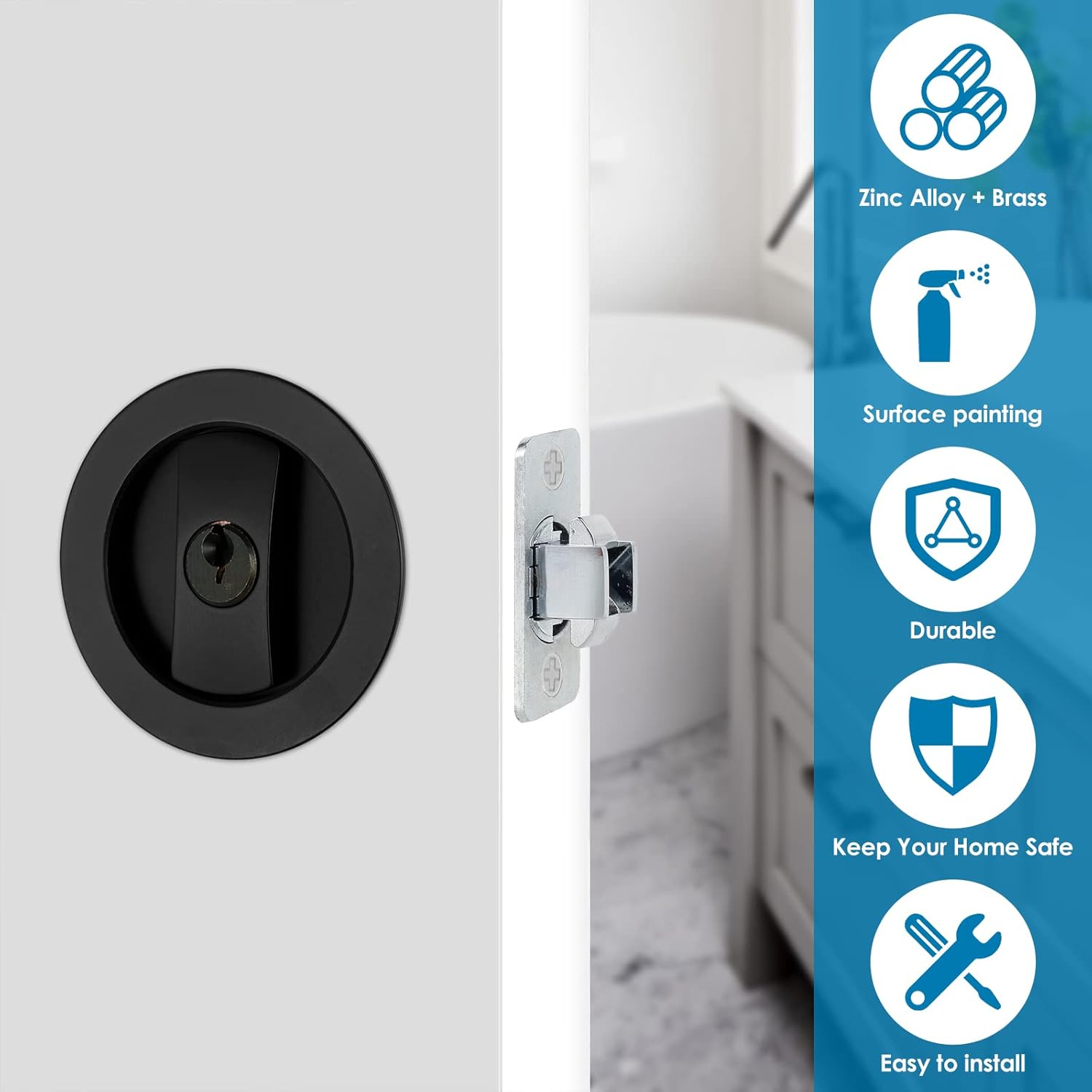 Bed/Bath Pocket Door Lock and Pull round Privacy Door Lock with Key Recessed 2 Sided Invisible Sliding Door Locks Hardware for 1 3/8 Inch to 1 15/16 Inch Thickness Door (Black)