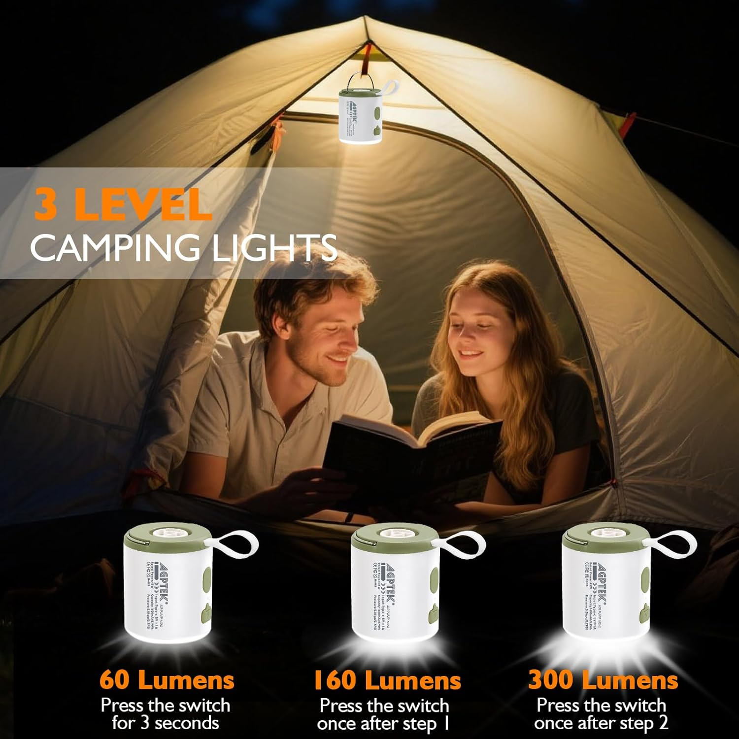 AGPTEK Air Pump for Inflatables,5.5Kpa Portable Air Pump with Led Light,1600Mah Rechargeable Battery and Magnetic Design Mini Pump Camping Light 5 Nozzles for Air Mattress, Inflatable Float