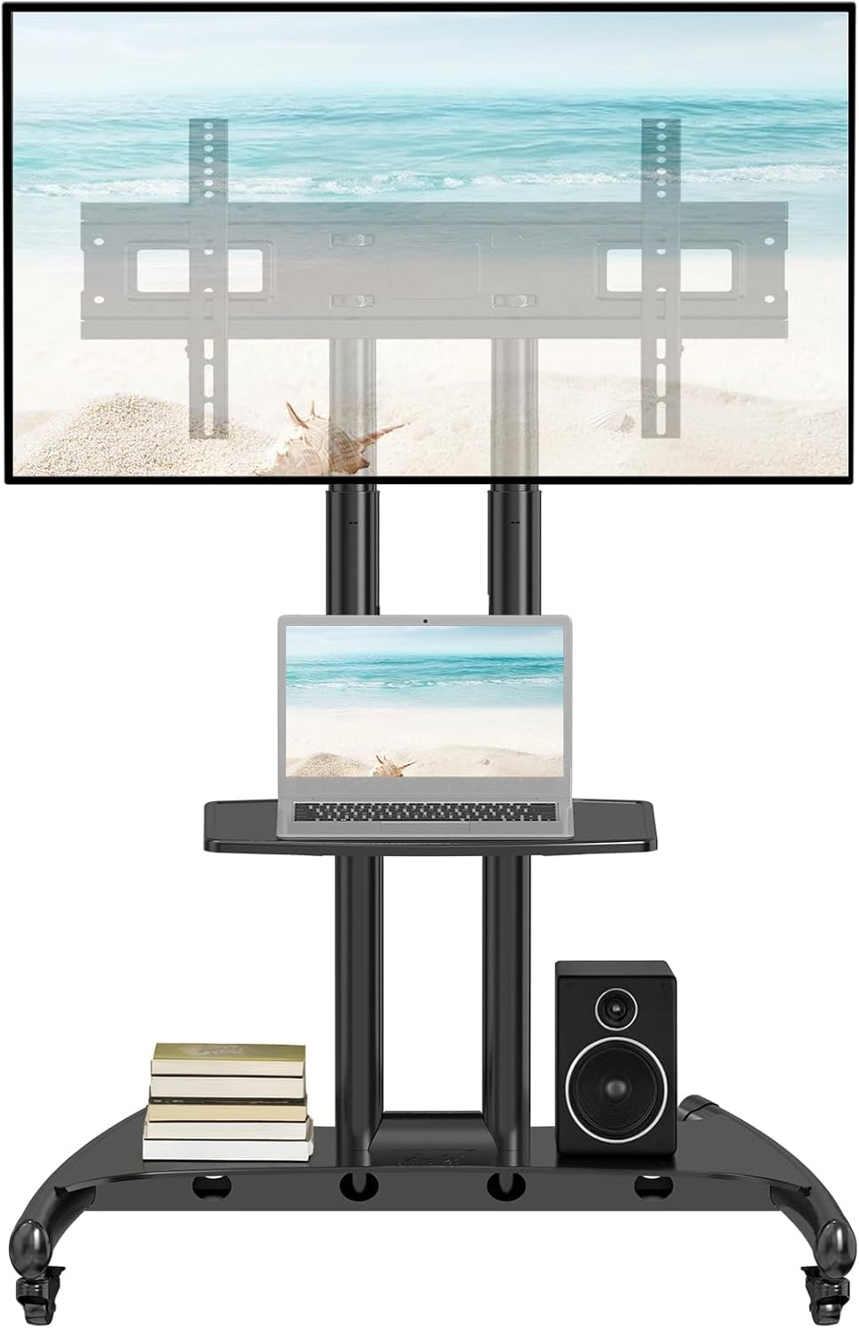 NB North Bayou TV Floor Stand with Wheels, Universal Rolling TV Cart with Storage Shelf - Height Adjustable TV Stand Trolley for 75 65 55 40 32 Inch Tvs for Home Office, Max Load 45.5KGS image number 2