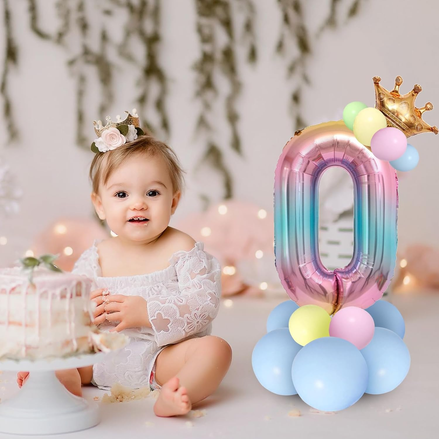 Number 0 Balloon, Rainbow Birthday Balloon, 40 Inch Foil Balloons, Crown Star Large Balloons for Girls Women Men Birthday Party Decor-0 image number 1