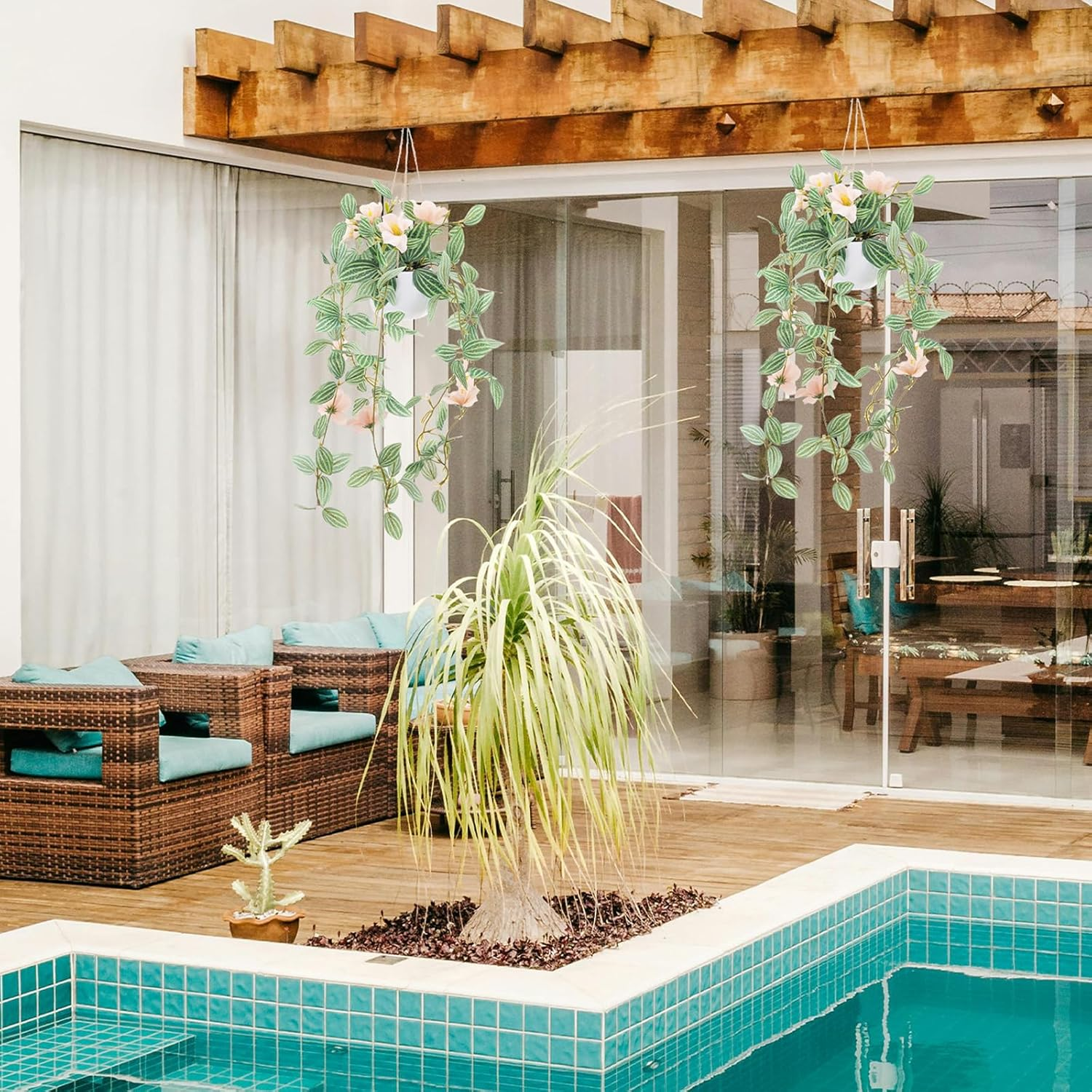 2 Pack Fake Hanging Plants Artificial Decor Simulation Hanging Plants with Champagne Flower Samll Natural Ivy Greenery D&eacute;cor Bedroom Garden Farmhouse Wall Shelf Indoor Outdoor - Pink image number 3