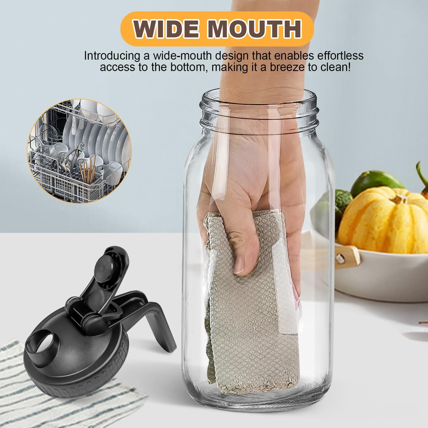 32 OZ Mason Jars with Lid, Glass Pitcher Double Leak Proof with Pour Spout Handle, 1 Quart Wide Mouth Breast Milk Pitcher for Fridge, Creamer Container for Coffee, Sun Tea, Juice - 1 Pack image number 5