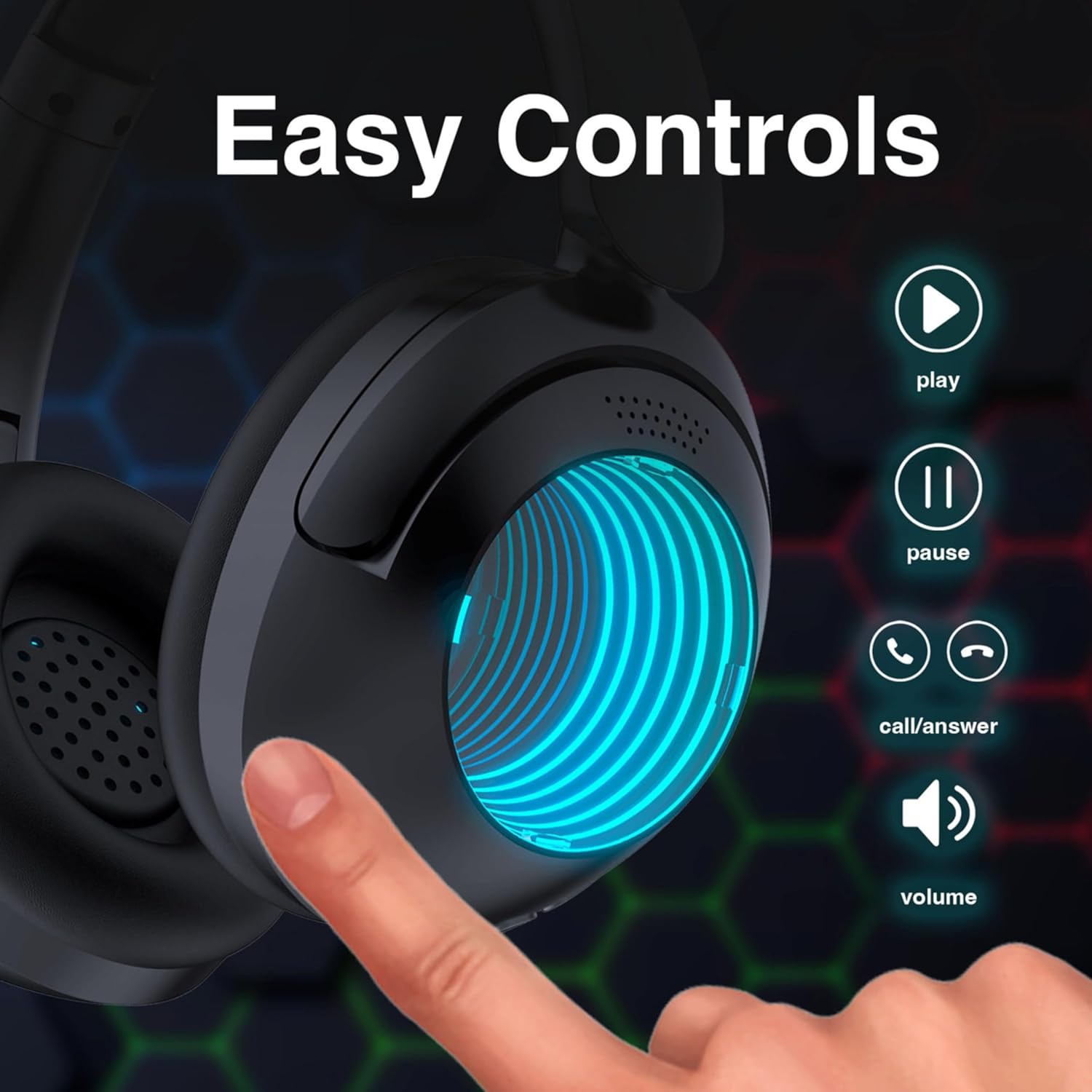 Laser Infinity RGB Light Bluetooth Headphones with Built-In Mic, 6 HRS Playtime, Touch Controls - Supports Bluetooth 5.4, AUX, Micro SD, USB C Charging, Black image number 6