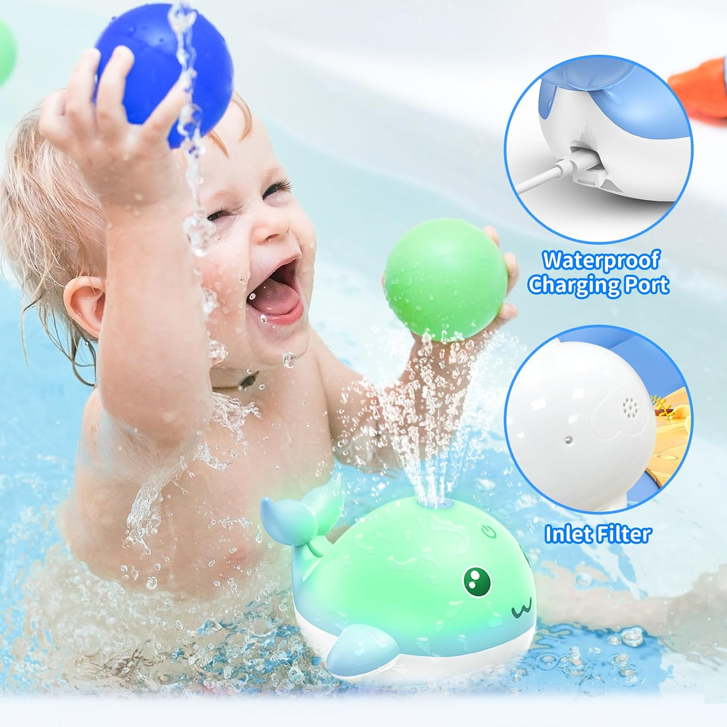 Upgraded Rechargeable Kids Bath Toy with Easy Charging, LED Light up Whale Bath Toy Sprinkler Bathtub Pool Water Fountain Toy image number 3