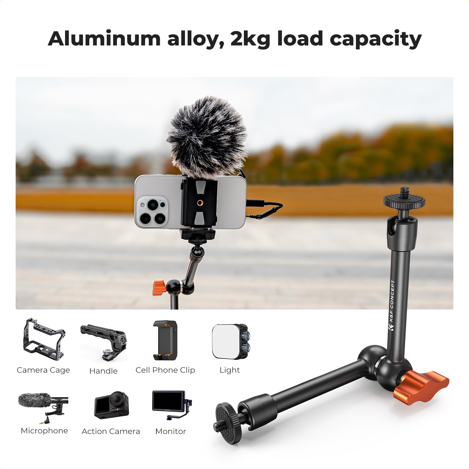 K&F CONCEPT 9.8" Magic Arm with Clamp, Super Clamp with 1/4" 3/8" Screw, Camera Arm with Cold Shoe Mount for DSLR Action Cam Monitor Tripod, Camera Mount Compatible with DJI Osmo Gopro Hero Insta360 image number 6