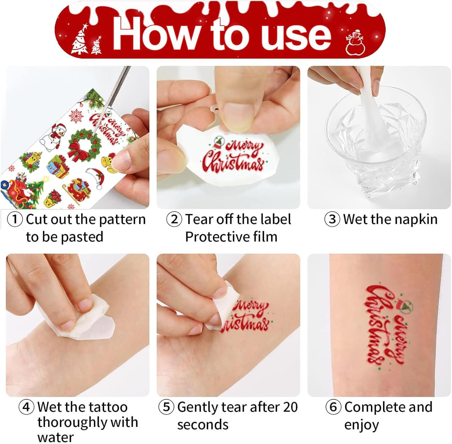 Itadaku 10 Sheets Christmas Temporary Tattoos, Colorful Tattoo Stickers, Fun Festival & Birthday Party Gifts image number 3