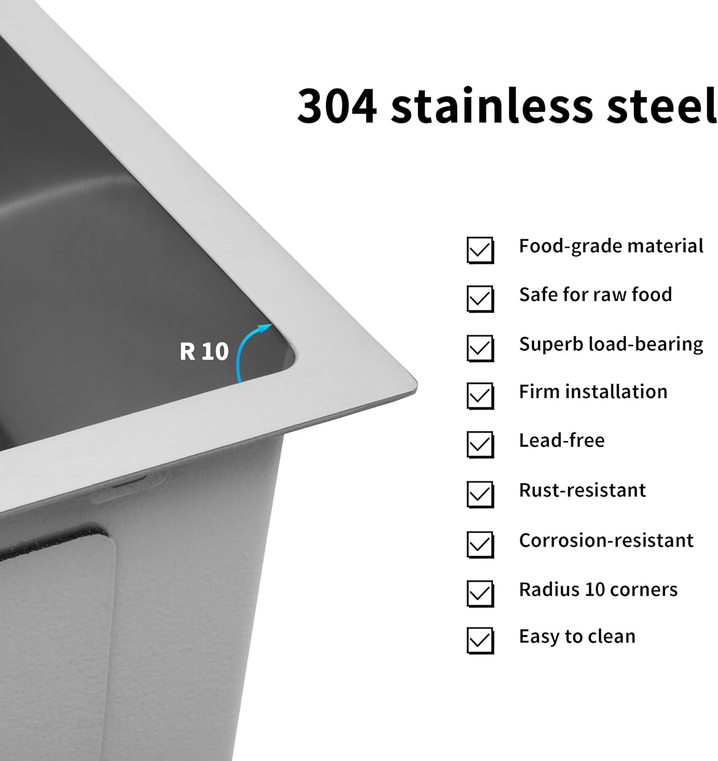 Kitsitchen Kitchen Stainless Steel Sink 45X45X23Cm Silver Single Bowl Basin Sinks Handmade, Home Laundry with Waste Drainer &Grid under Mount R10 Corners image number 3