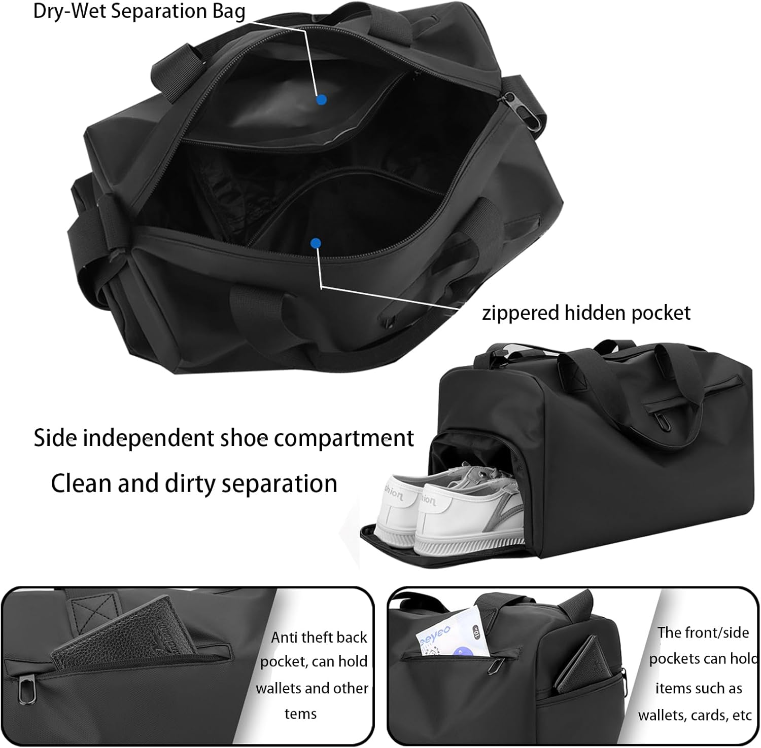 Sports and Fitness Bag, Black, Waterproof, 39X22X19Cm, with Independent Shoe Compartment, Dry and Wet Separation, Suitable for Fitness, Travel, Yoga