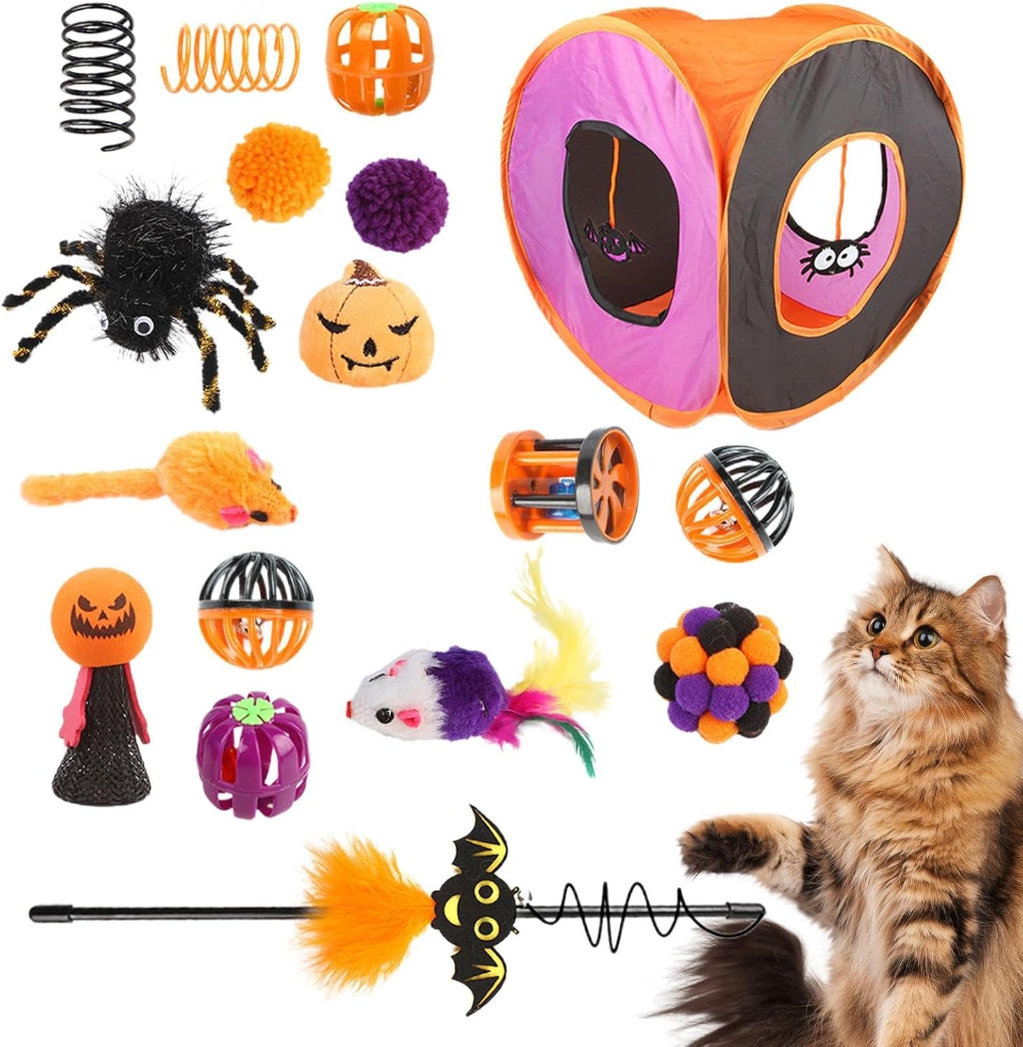 Cat Tunnel Toys Set,Cute Interactive Cat Toy Set | Halloween Cat Feather Wand Ball Spring Mice Toys, Folding Square Channel Kitten Starter Kit for Pets
