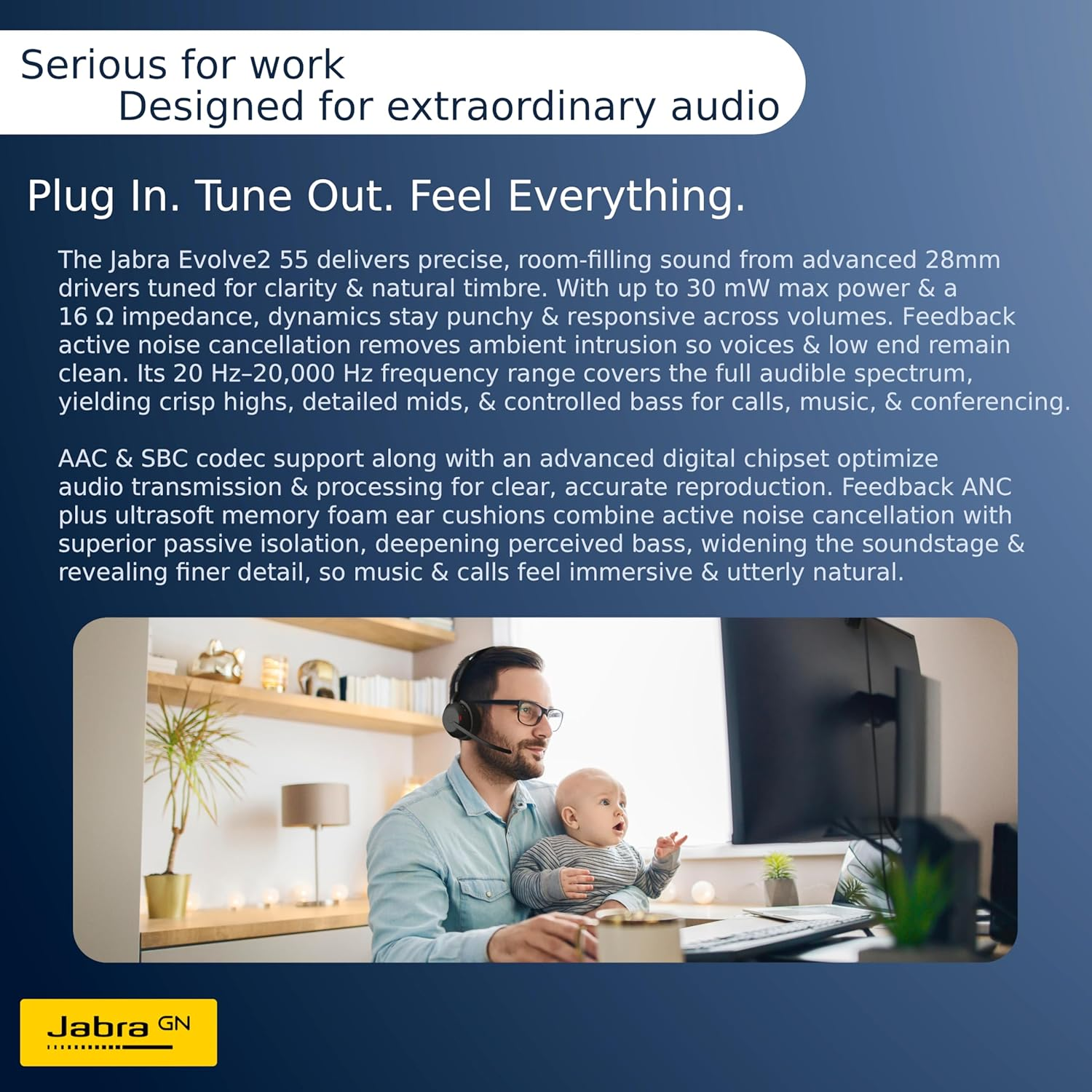 Jabra Evolve2 55 Wireless Headset - Bluetooth - 3X Mic - ANC Active Noise Cancelling in Microphone & Headphones - 18Hr Batt - 30M Range - Lastest PC Headsets with UC Cert Zoom + Teams - USB C - Mono image number 1