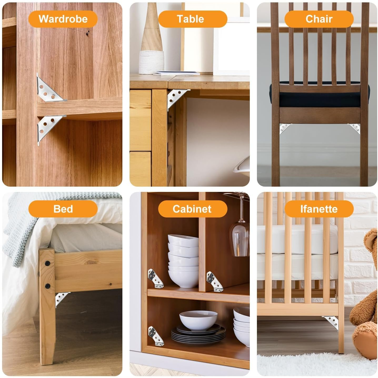 20PCS Universal Furniture Corner Connector, Stainless Steel Angle Corner Brackets, Corner Bracket for Wood, Corner Braces for Wood Shelf, Cabinets, Tables, Chairs, Shelf Support (65X28X13Mm) image number 5