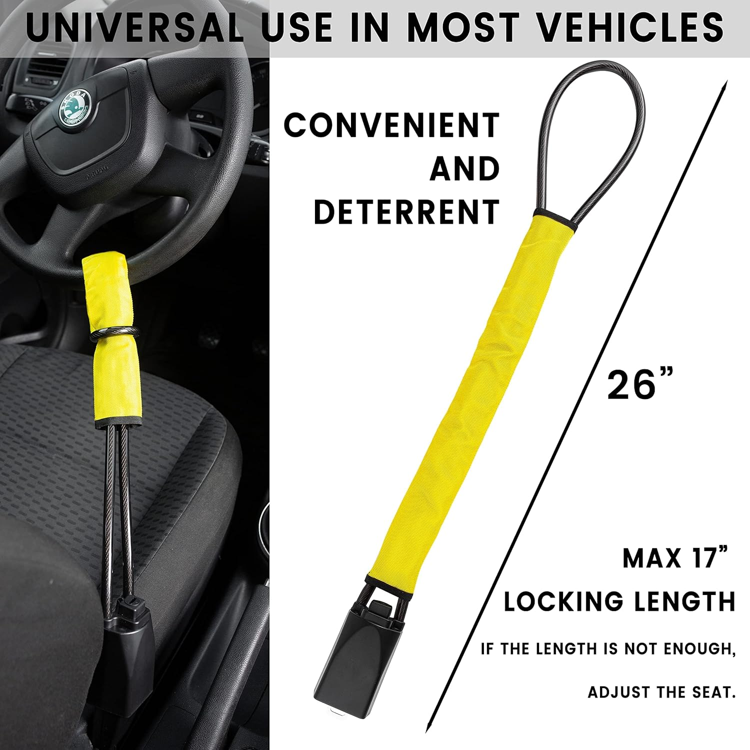 KAYCENTOP Car Steering Wheel Lock, Seat Belt Lock, Anti-Theft Device, Max 17 Inch Length, Small and Light-Weight, Multi-Functional, Fit Most Vehicle, SUV, Golf Cart Security (Bule) (Yellow) image number 5