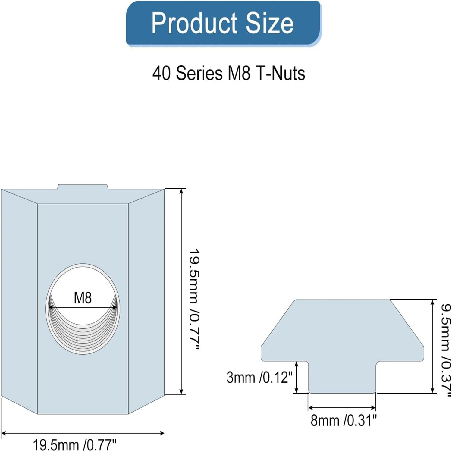 MEZOKUCEL 20Pcs - Nickel Plated Carbon Steel T Slot Bolts, Hammer Head Fastener, Sliding T Nuts for T-Slot Aluminum Extrusion Profile Carbon Steel T Slot Nut for 3D Printer CNC Milling Machine (M8) image number 2