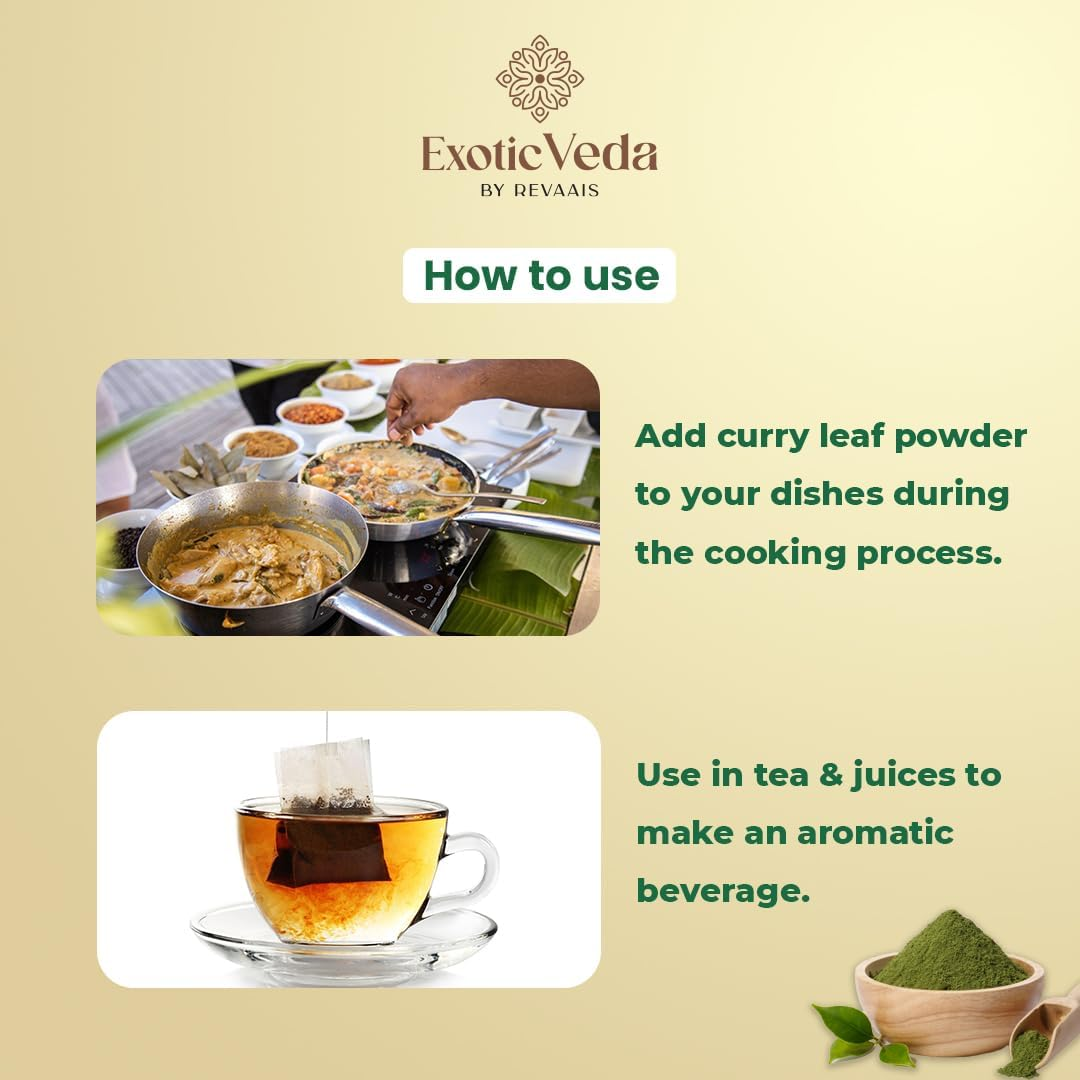 Organic Curry Leaf Powder - Kadi Patta, Rich Nutrients, Culinary & Medicinal Uses, Promotes Hair Growth, Reduces Hair Fall & Graying, Skin Care, Regulates Blood Sugar, Boosts Immunity (100G)