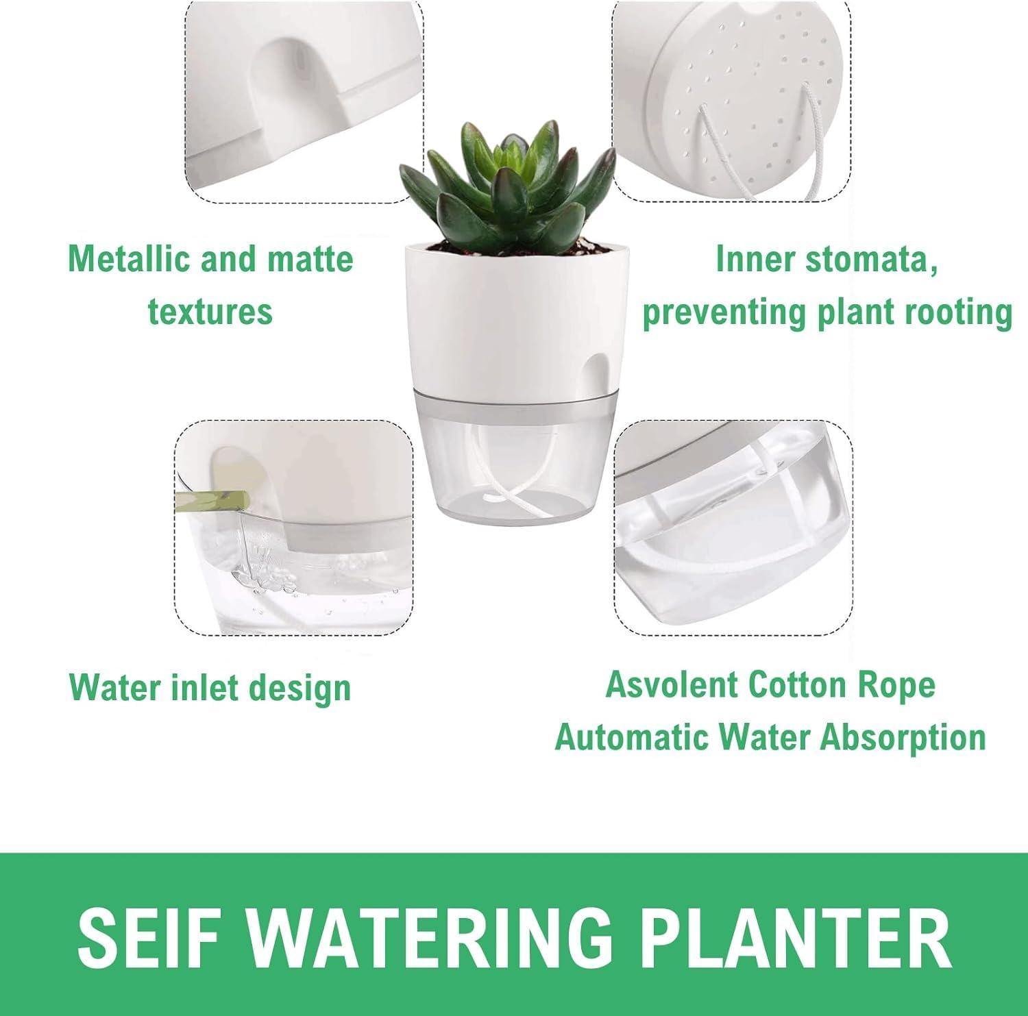 3.2 Inch Self Watering Planters Plastic Planter Pots 3 Pack Wicking Flower Pots Modern Decorative Planter for House Plants,Herbs,Indoor Outdoor Plant (White) (6" White-4Pack) image number 2