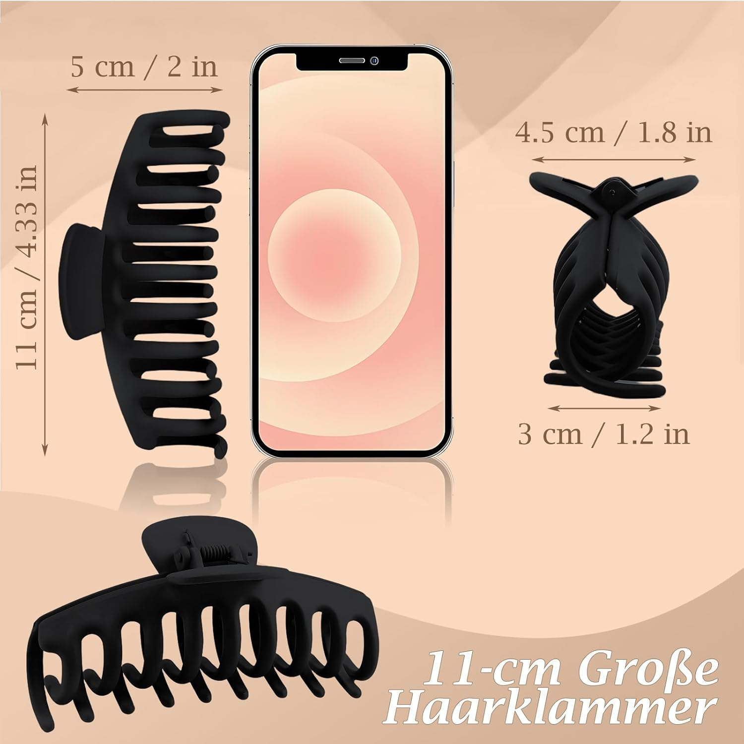 PUSCOBSY Hair Claw Large for Thick Hair, Hair Clips 11 Cm Non-Slip Hair Clip Pack of 4 Strong Hold Hair Clips for Women, Black/Leopard Dark Brown/Leopard Light Brown image number 4