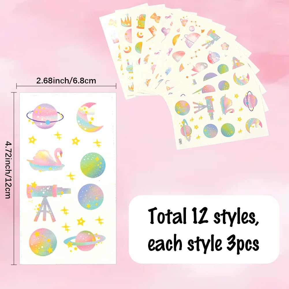 SOFPLATE 1 Box 36 Sheets Temporary Cartoon Tattoos Pastel Tattoo Stickers Bulk Pack Multicoloured Sweets Animals Astronomy Planets Stars Moon Cartoon Cute Decals for Scrapbooking DIY Crafts image number 2
