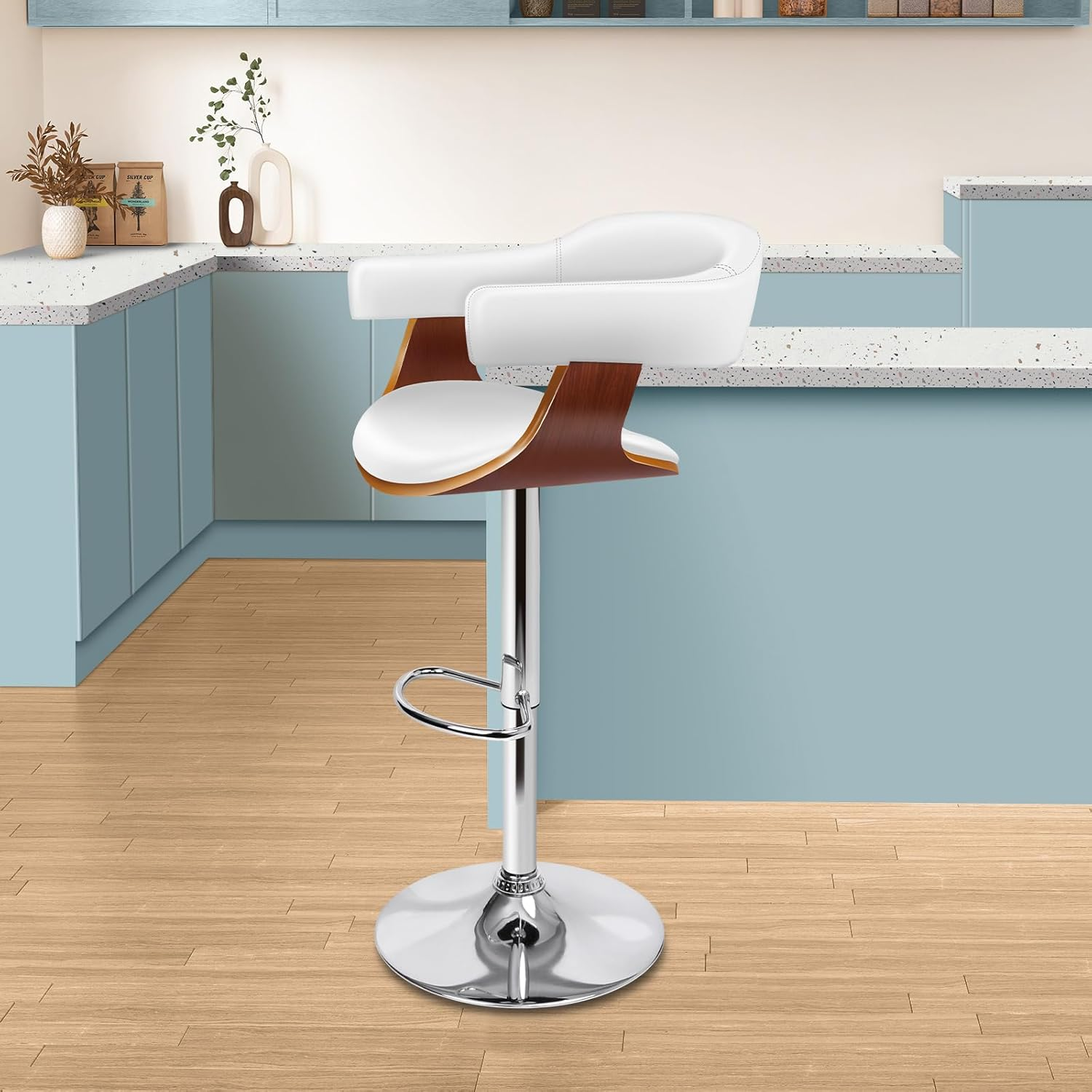 ALFORDSON Bar Stool Adjustable Kitchen Barstool Joan Swivel Counter Dining Chair in 61-82Cm Seat Height with Anti-Slip Floor Protector Barstool Furniture for Home Bar Countertop (White)