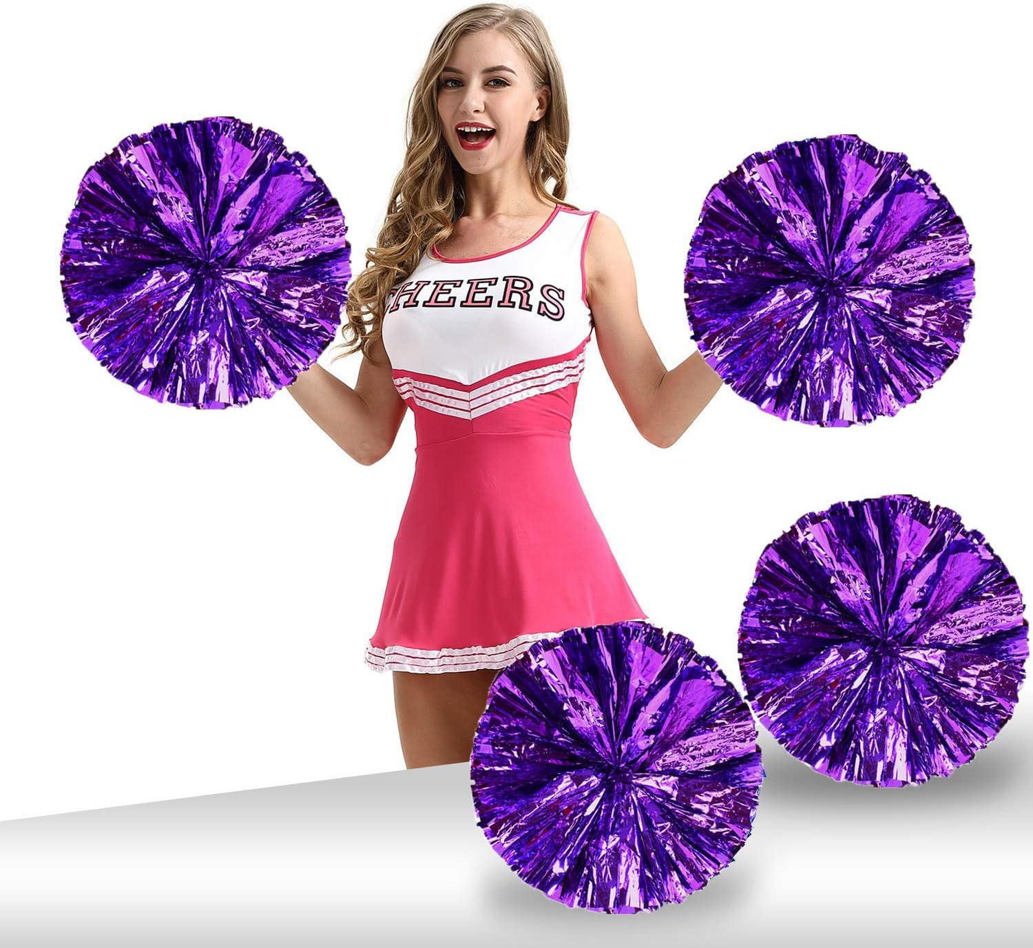 Pack of 4 Cheerleading Pom Poms Foil Plastic Metallic Cheerleader Pom Poms for Cheer Sport Kids Adults Team Spirit Cheering (Purple New) image number 5