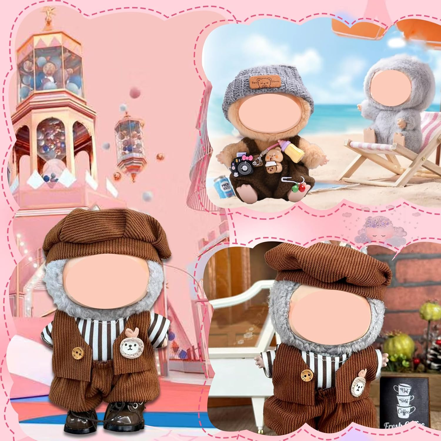 Pack of 7 Clothes for Doll, 17 Cm Doll Clothes Accessories with Grey Hat Dungarees Camera Brown Hat Clothing Vest Trousers for Boys Girls Gifts (Doll Not Included) image number 5