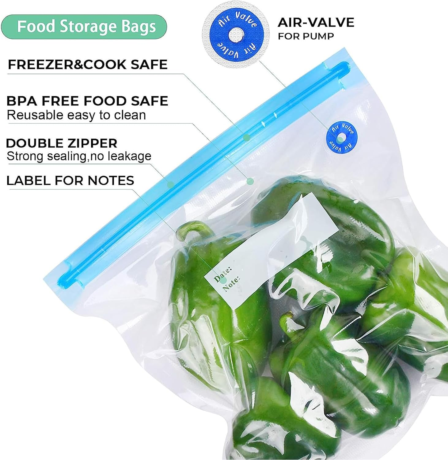 Sous Vide Bags 31 Pcs (24 Pcs Vacuum Zipper Bags & 2 Seal Clips & 5 Air Valves), Reusable BPA Free Vacuum Sealer Bags (8.5 * 8.5In) Vacuum Food Storage Bags for Cooking/Food Storage/Microwave Heating image number 1