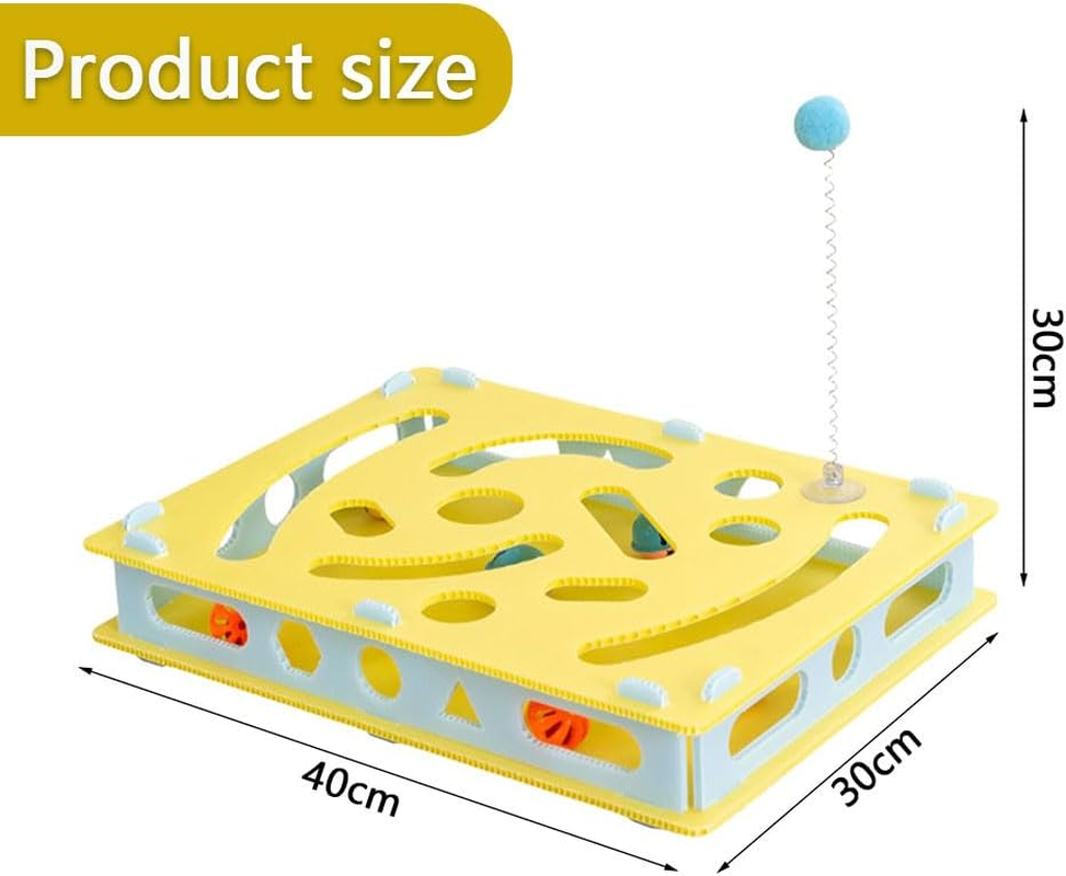 Interactive Cat Puzzle Toy &ndash; Digging Maze Game with Bell Track & Spring Balls, Boredom Relief Toy for Indoor Cats & Kittens, Mental Stimulation & Exercise Training, 15.75X11.81X1.97In, Yellow