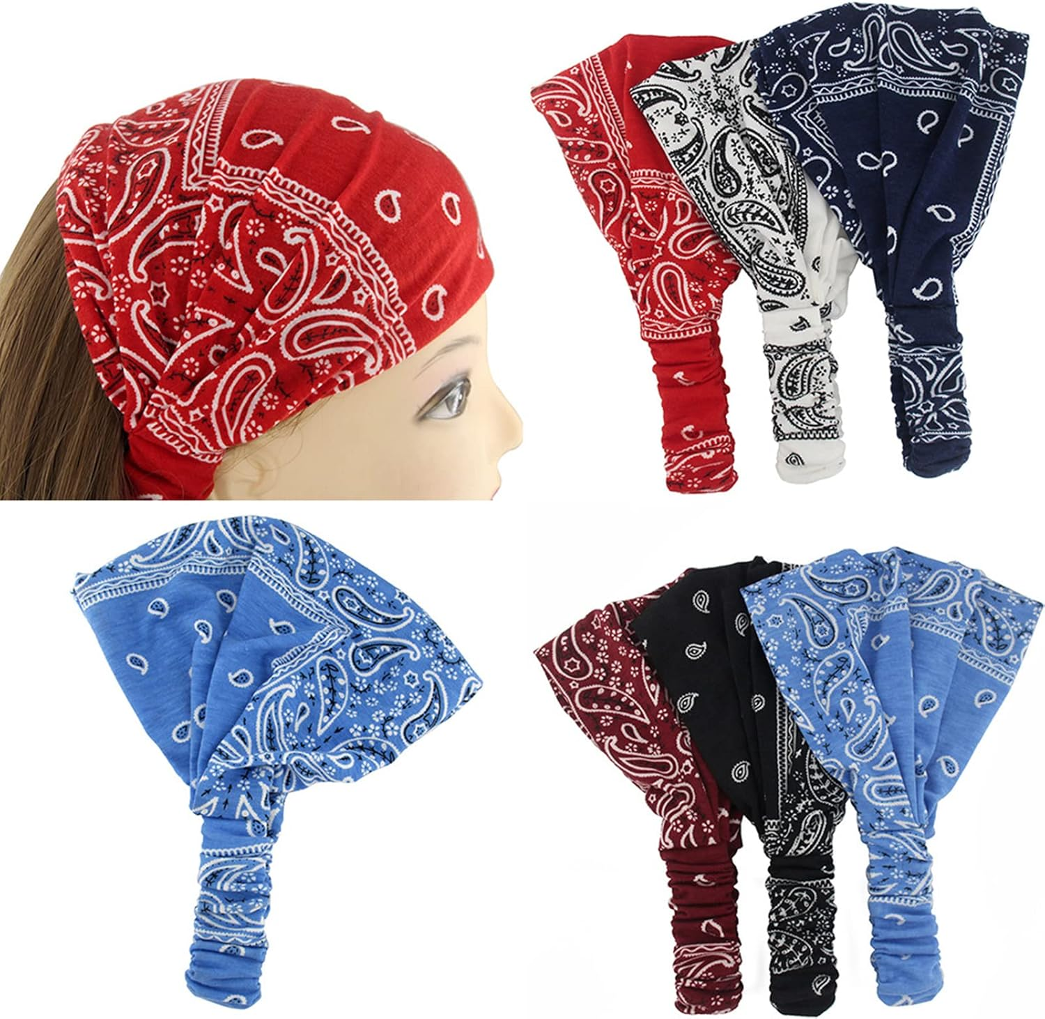 Vintage Paisley Women Elastic Cotton Headbands Vintage Printed Wide Headbands for Sports, Yoga and Running(5Pcs) image number 5
