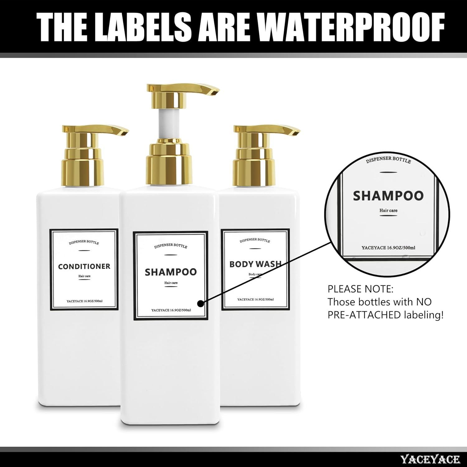 White Shampoo and Conditioner Dispenser, 500Ml Set of 3 Empty Black Shower Bottles with Pump, Shampoo Bottles for Bathroom, Kitchen, Solon image number 2