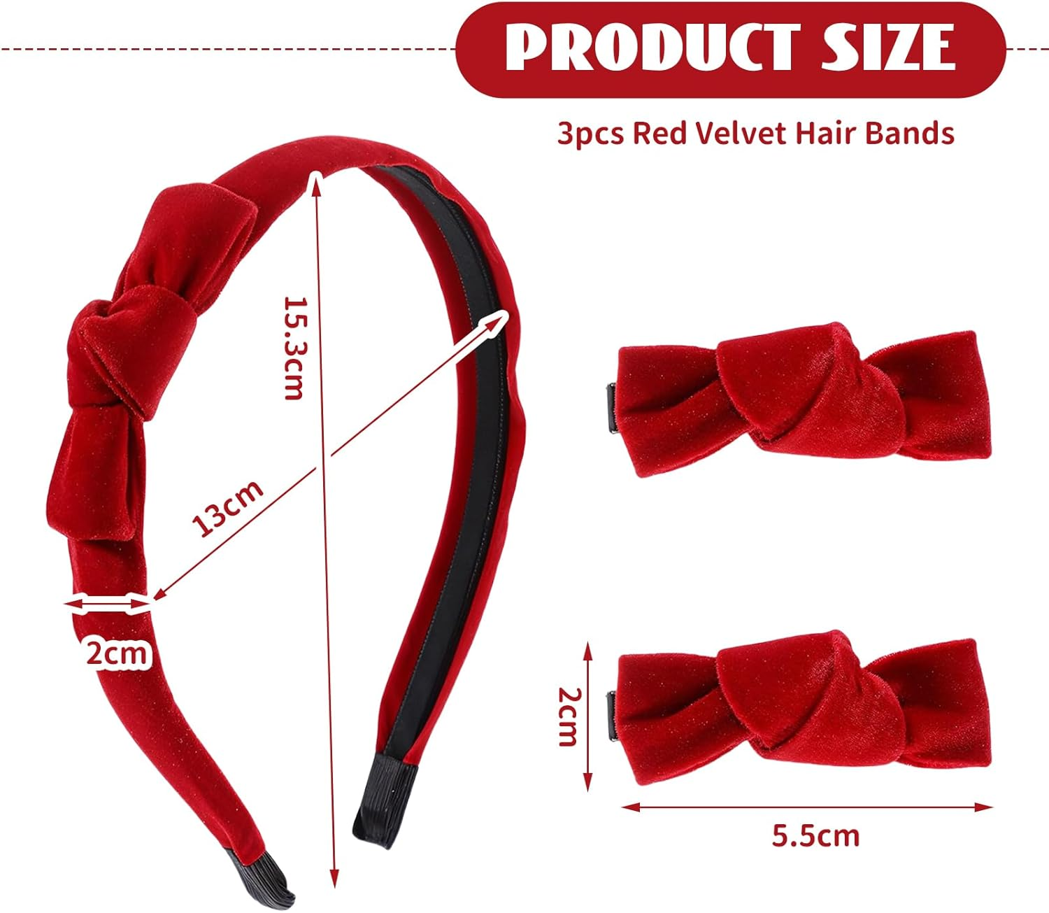 TELAIN Set of 3 Red Velvet Headband and Bows Set, Elegant Hair Accessories with Alligator Clips, Comfortable and Versatile for Stylish Looks image number 4