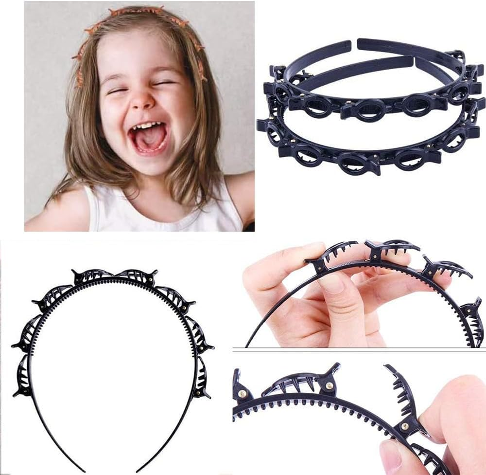 HUATEEN 2 Pack Braided Hairbands for Women,Black & Brown Clip Headbands with Non-Slip Teeth,13Cm Adjustable Butterfly Clips | Double Layer Twist Plait Headband for Girls/Women (Office/Yoga/Daily) image number 3