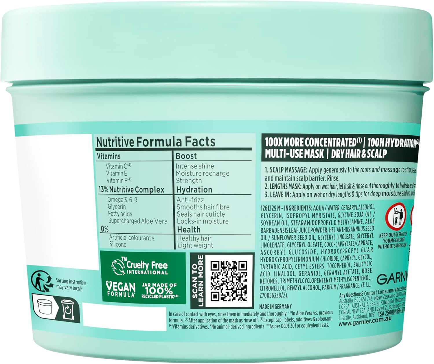 Garnier Fructis, 3-In-1 Hair Mask, Hydrating & Increases Shine, Hair Food Aloe Vera, 390Ml image number 1