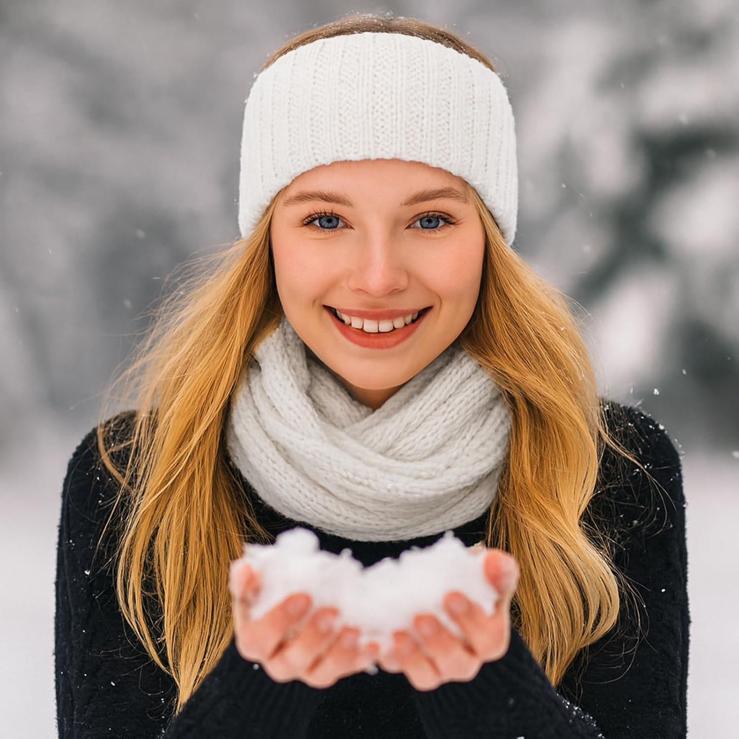 TOPTIE 2 Pcs Ear Muffs Headbands for Winter Women, White Knit Thick Ear Warmers Fleece Headband Lined Furry Cable Head Wrap - Black image number 5