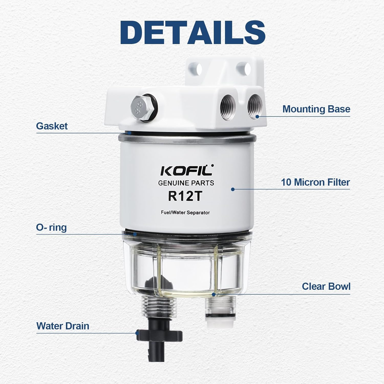 R12T Fuel Water Separator Marine Fuel Filter/Water Separator Assembly, for Outboard Motor Marine Engine, Replaces# S3240 120AT with 2 3/8" Barb &times; 1/4" NPT Male Fittings 2 Plugs,10 Micron - R12T Assembly With 2 Elements image number 3