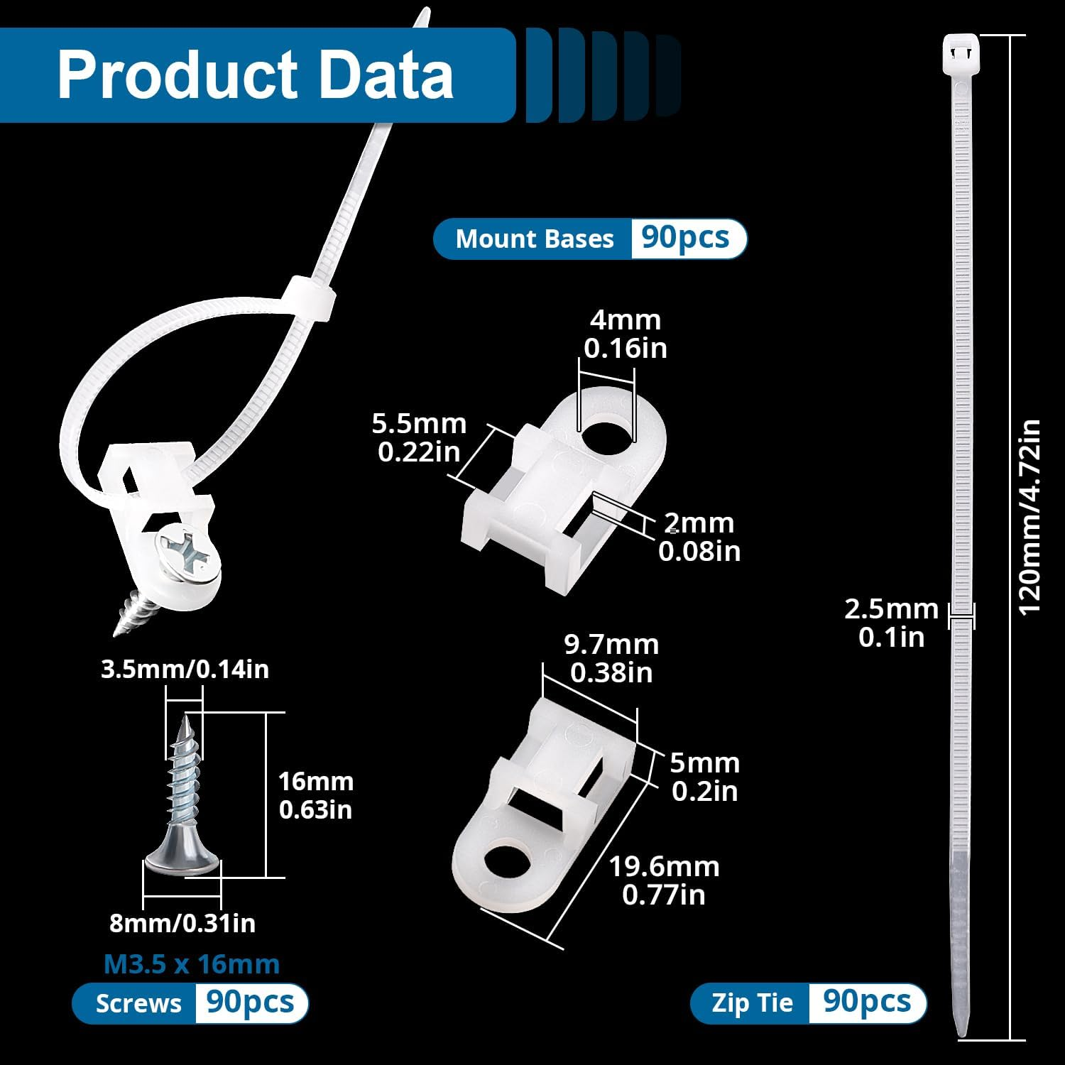 Voogenzek 90 Sets 19.6 * 9.7 Mm Saddle Type Cable Tie Mount Bases, Saddle Type Mount Wire Holder, with M3.5 Screws and Cable Ties, for Wire and Cable Tidy, White image number 2