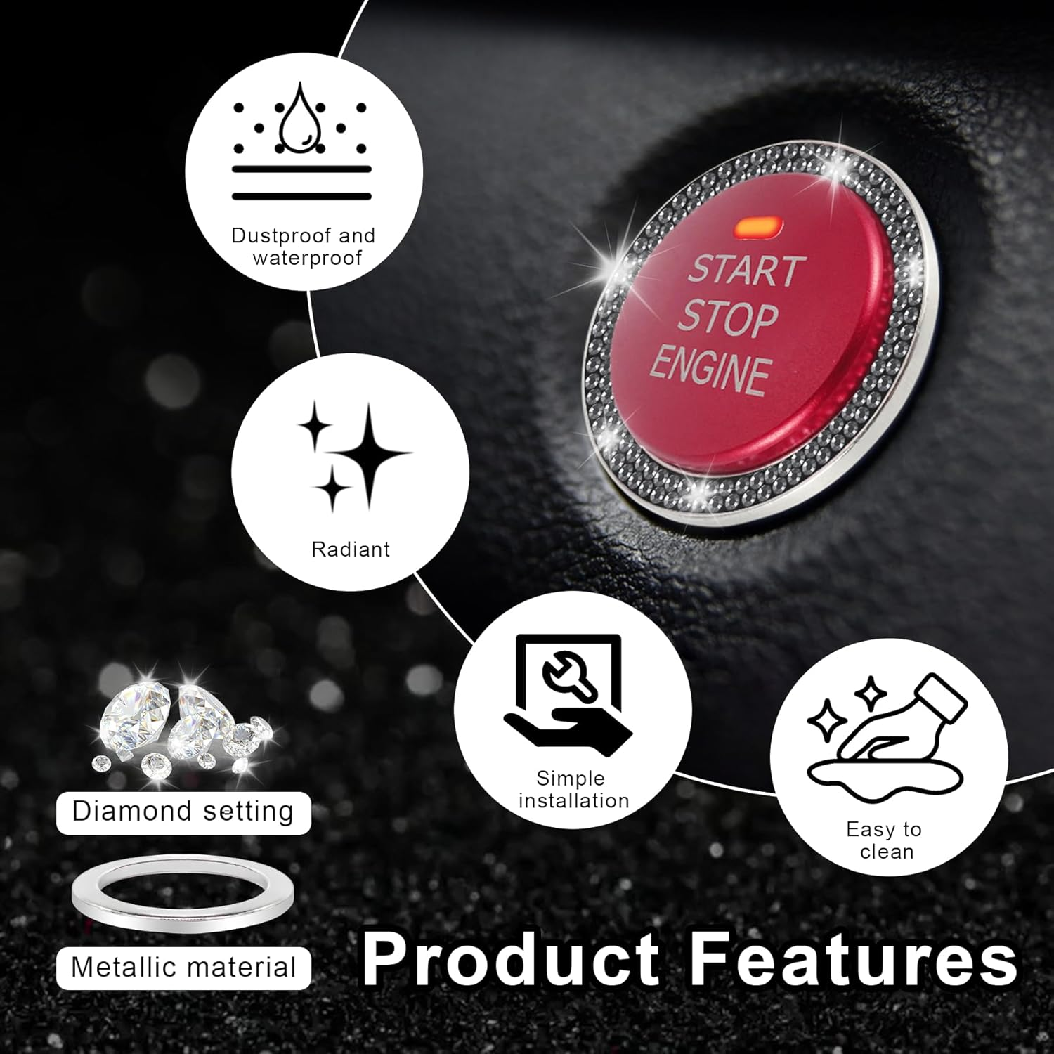 Livtee 2 PCS Crystal Double Rhinestone Car Engine Start Stop Decoration Ring, Bling Car Interior Accessories for Women, Push to Start Button Cover Sticker, Automotive Decals, Glossy Black - Black image number 4