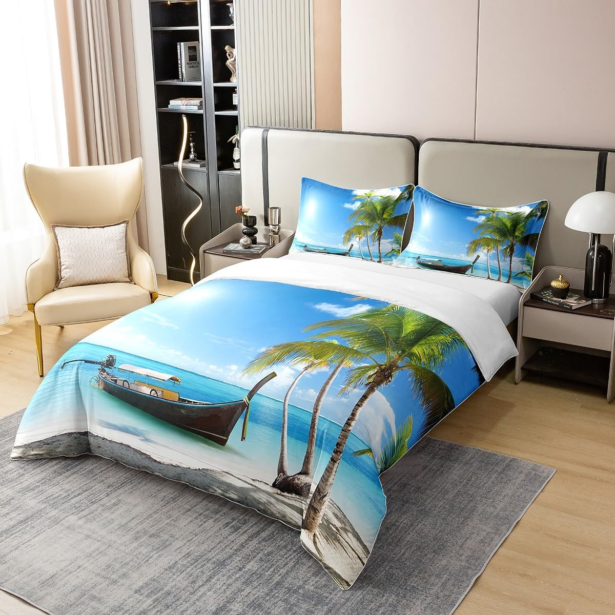 100% Cotton Ocean Comforter Cover 135 X 200 Cm, Hawaii Beach Decor Bedding Set for Children Adults, Tropical Plam Tree Duvet Cover Summer Bed Linen, Retro Sailing Boat Quilt Cover with 1 Pillowcase image number 3