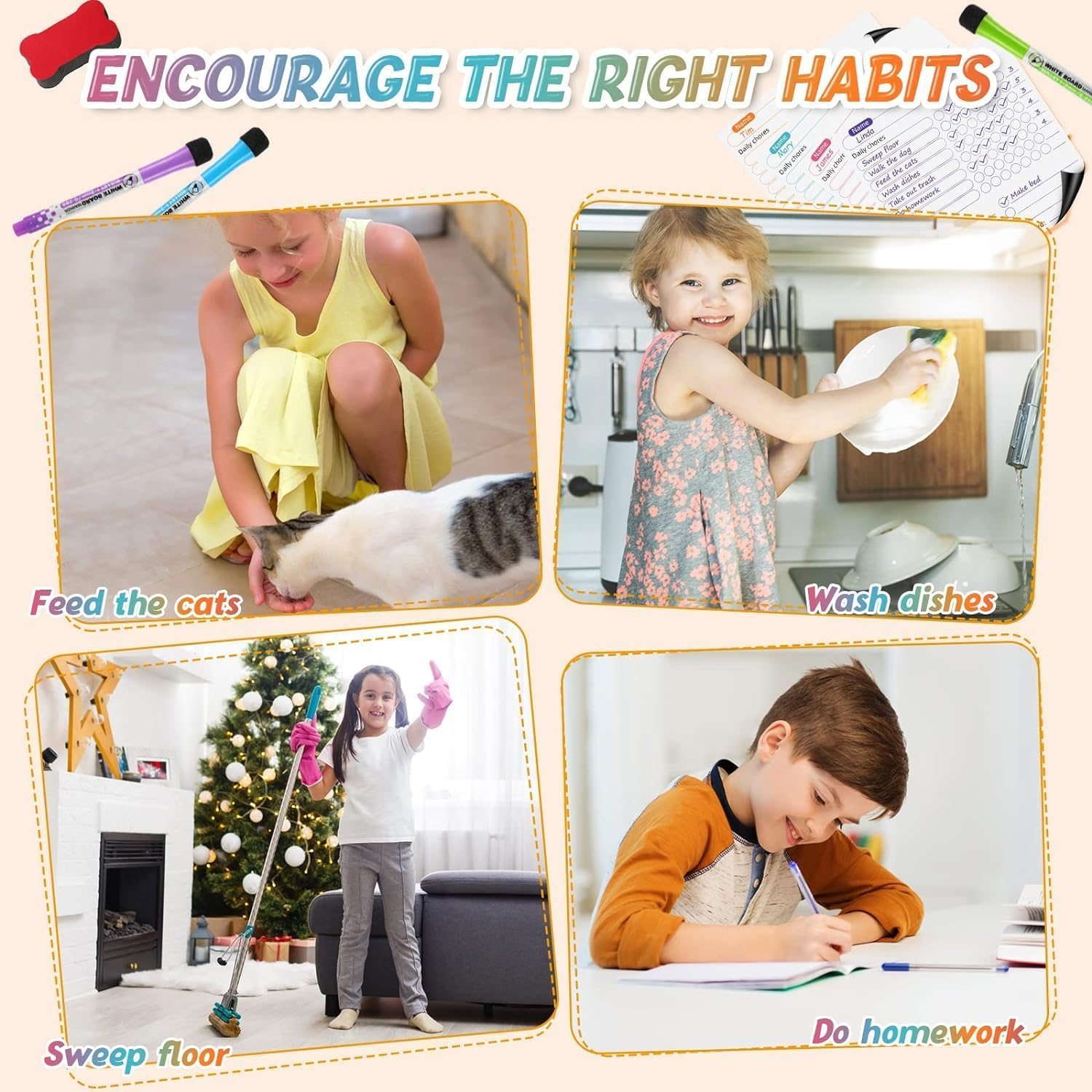 Magnetic Chore Chart for Kids, 4 Pcs Dry Erase Behavior Charts and 6 Colored Markers with Eraser Caps with 1 Eraser, Reward Chart for Multiple Kids Teens Adults Family, Chores Chart for Kids (White) image number 5
