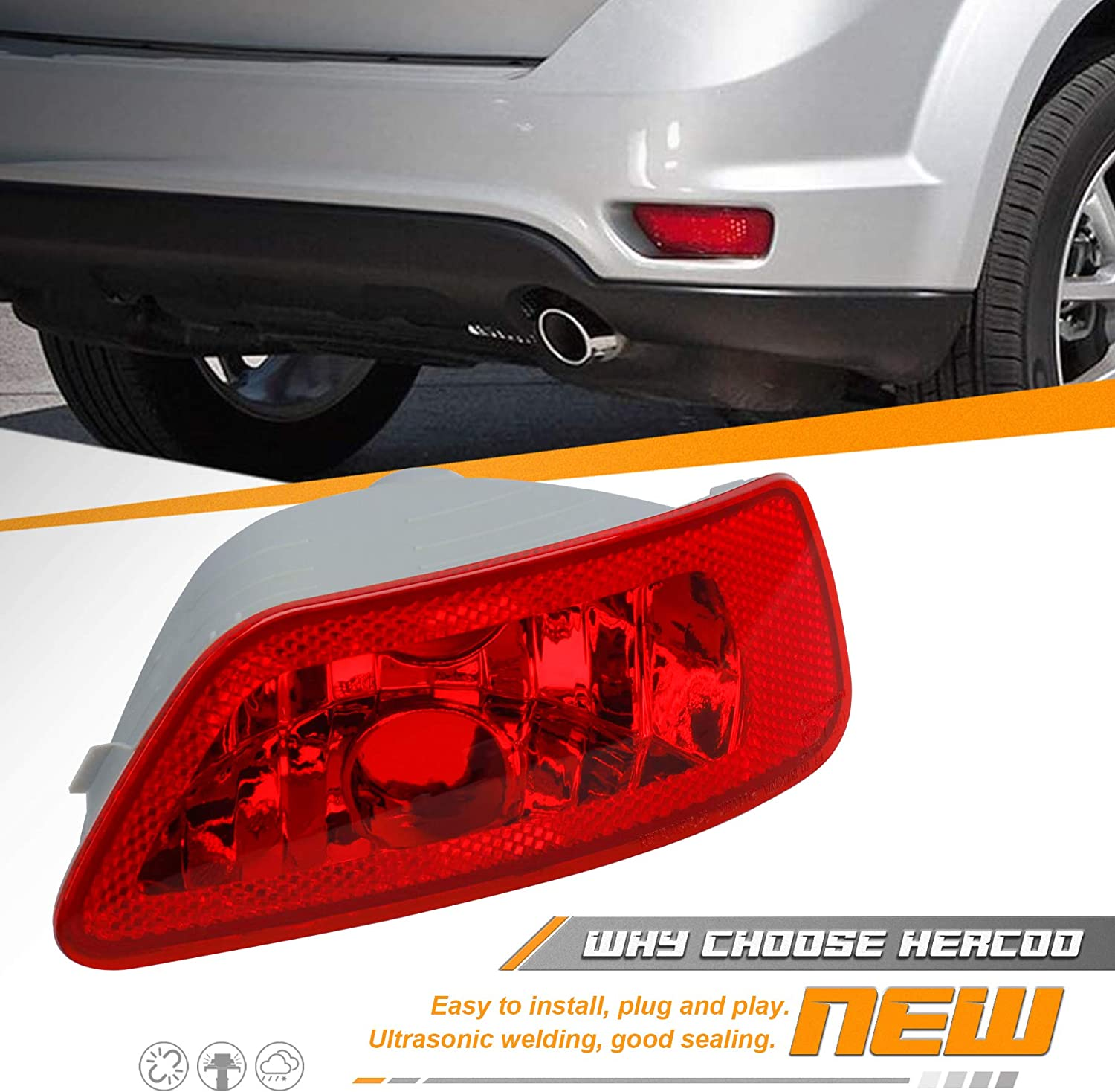 HERCOO Bumper Reflector Lights Lens Rear Right Fog Lamp Cover Compatible with Jeep Compass Grand Cherokee 2011 to 2017, Dodge Journey 2012 to 2018, Pack of 2 image number 1