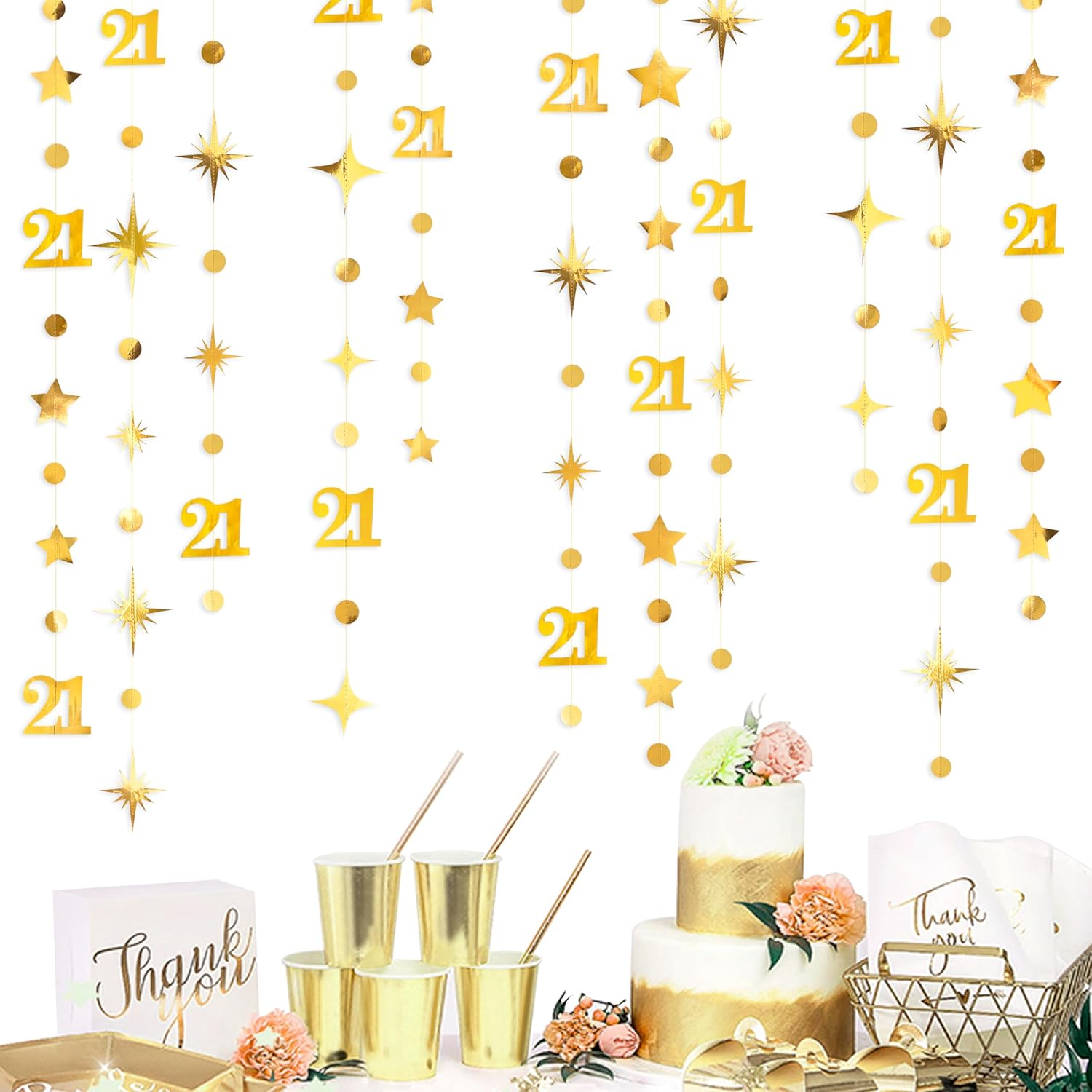 Gold 21St Circle Dot Star Streamer Garland Metallic Gold Paper 21 Sign Hanging Bunting Banner for Boys Girls Finally Legal Twenty One Birthday Happy 21 Years Old 21St Anniversary Party Decorations image number 4