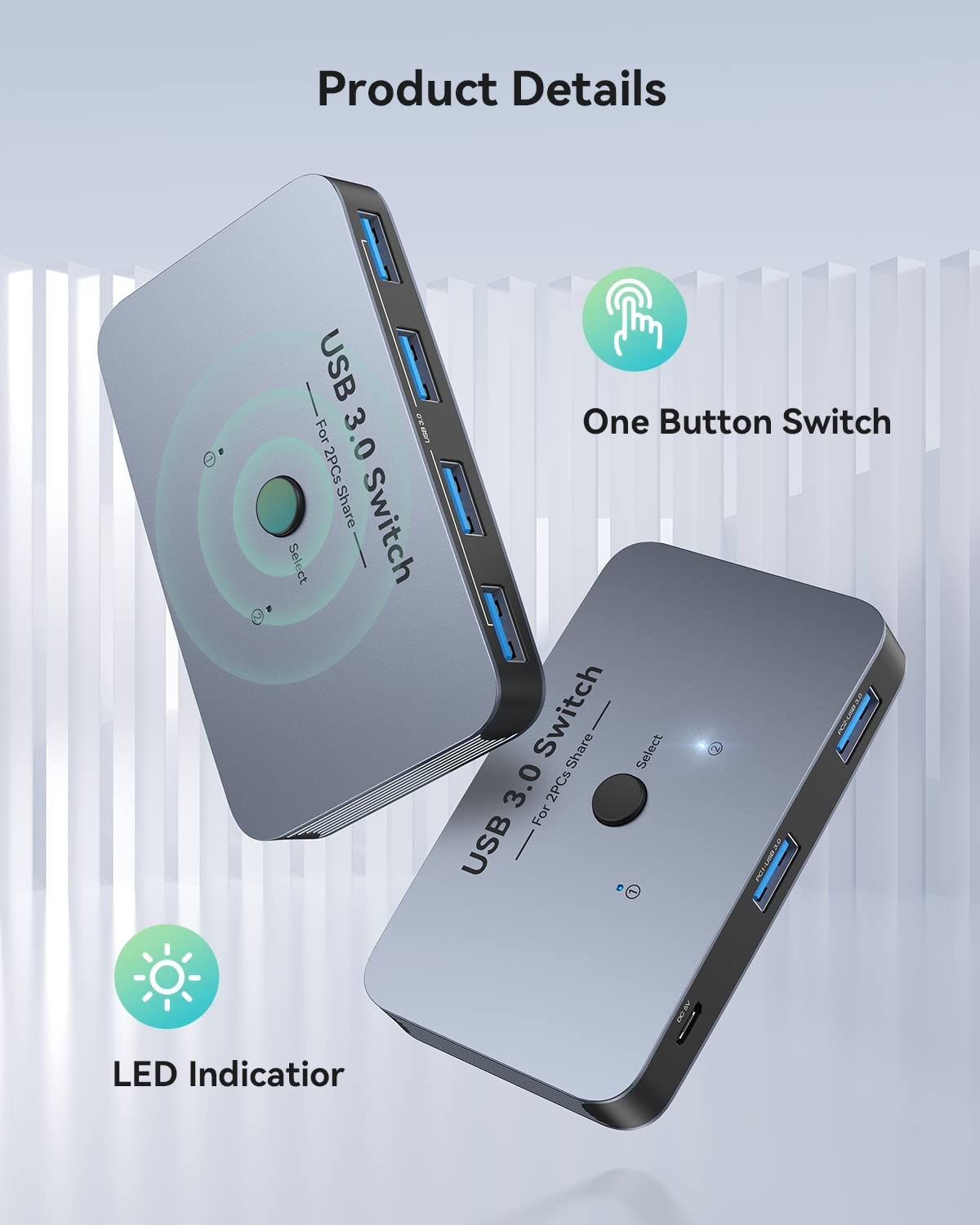 ABLEWE USB Switch 3.0 KVM Switch, Aluminum USB Switcher 2 Computers Sharing 4 USB Devices for PC Printer Scanner Mouse Keyboard with 2 Pack USB 3.0 Cable Grey image number 2