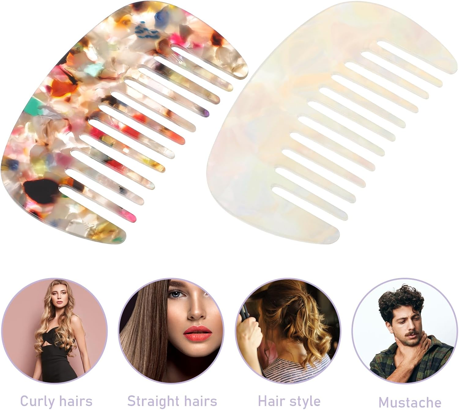 YUXIANLB Wide Tooth Comb Detangling Comb for Women Hair Pocket Comb 2Pcs Multicolor Anti-Static Small Size Acetate Hair Detangler Brush for Bangs Thick Curly Wavy Long Hair Daily Hair Care Wet and Dry image number 1