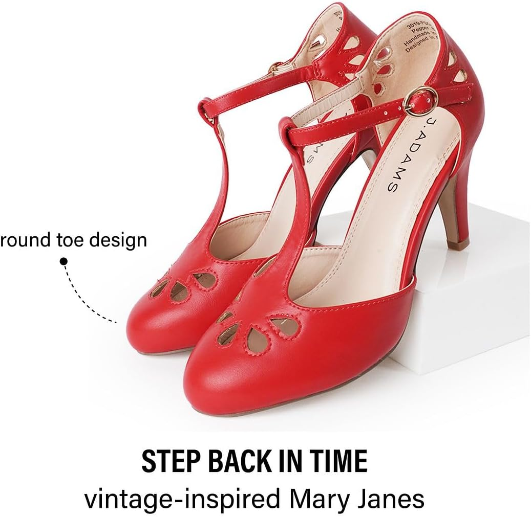 J. Adams Mary Jane Pumps - Vintage Tear Drop Cutout Low Kitten Heels - Retro round Toe Adjustable Ankle T Strap - Pepper By