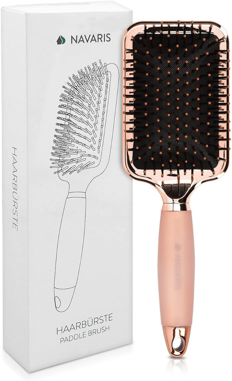 Navaris Paddle Brush Large Detangling Styling Hairbrush for All Hair Types with Conforming Comfort Gel Handle Metallic Rose Gold