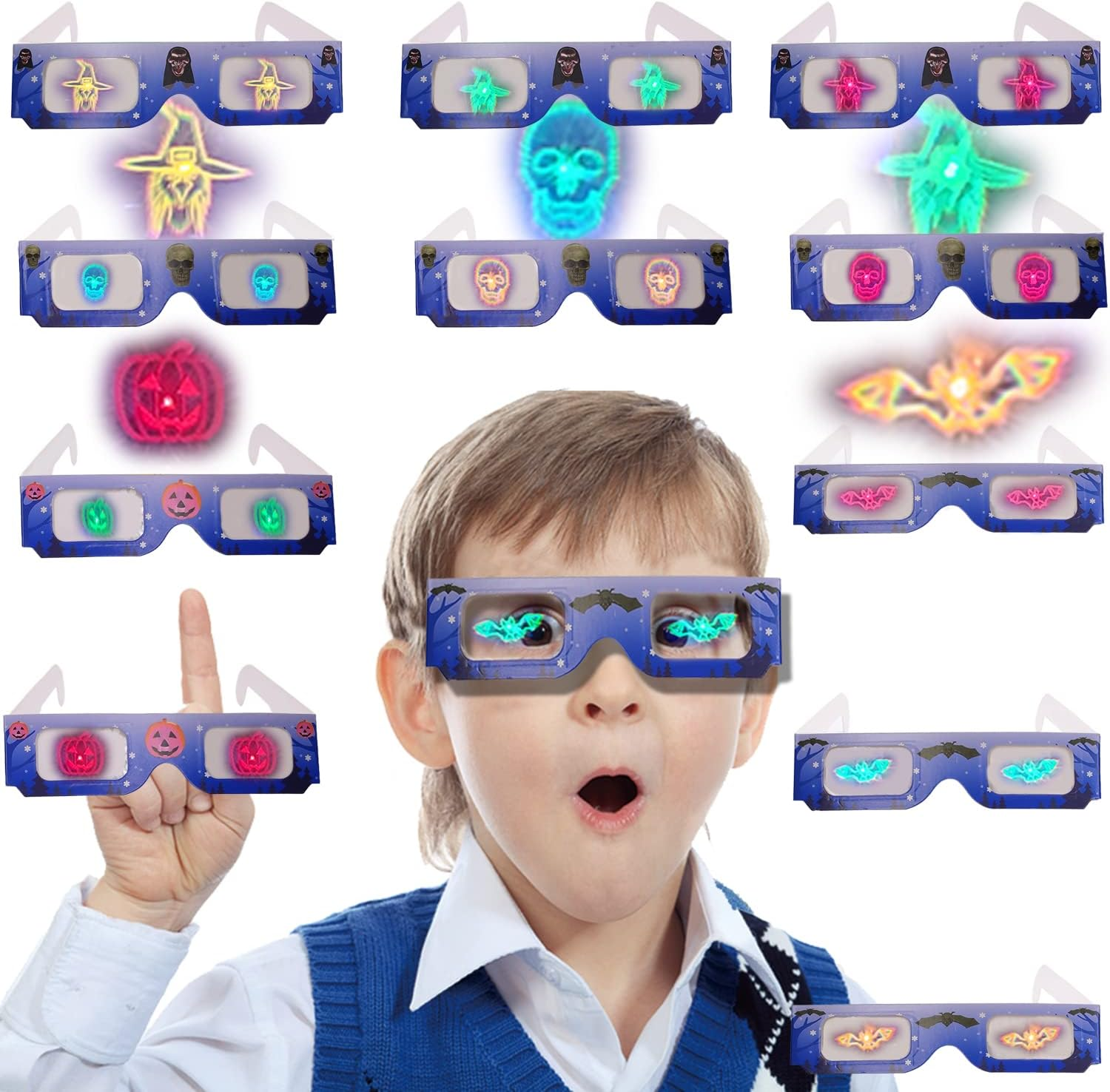 3D Halloween Glasses-12 Pack Holiday Specs Hologram Holiday Images Turn Holiday Lights into Magical Images -Pumpkins, Skeletons, Bats,Witches (12 Pairs) image number 3
