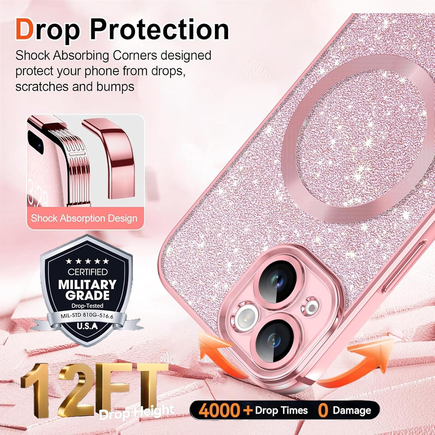 Glitter for Iphone 15 Case, Cute Bling Phone Case Iphone 15 6.1" [Compatible with Magsafe] Luxury Sparkle Shockproof Slim Full Body Protective Phone Cases Covers for Women and Girls, Pink image number 5